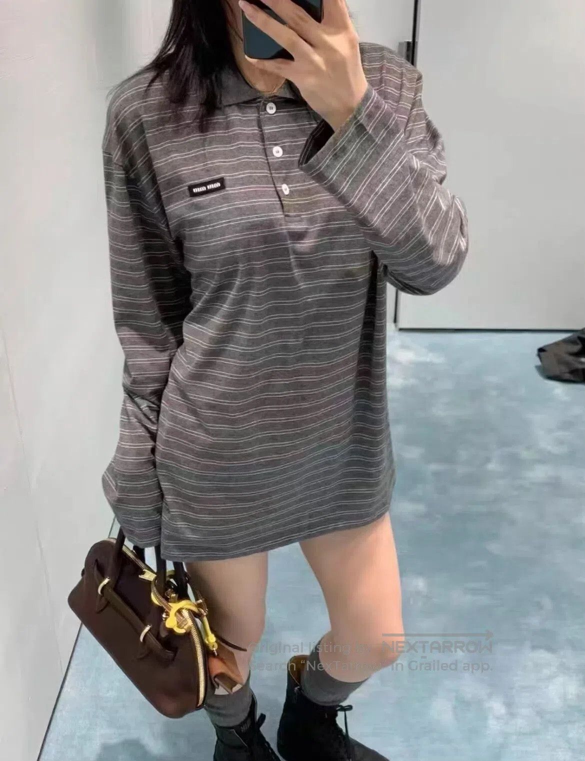 Miu Miu miu miu Small logo, fine stripes, long-sleeved polo shirt| Size XS / US 0-2 / IT 36-38 - 1 Thumbnail