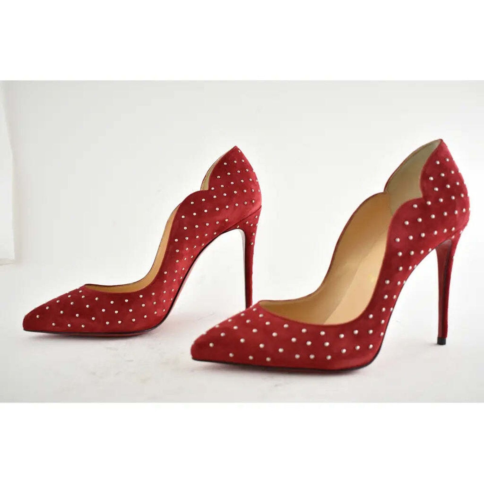 Christian Louboutin Hot Chick Plume 100 Red Carmen Stud Suede Heel Pump 40 Size US 10 / IT 40 - 8 Thumbnail