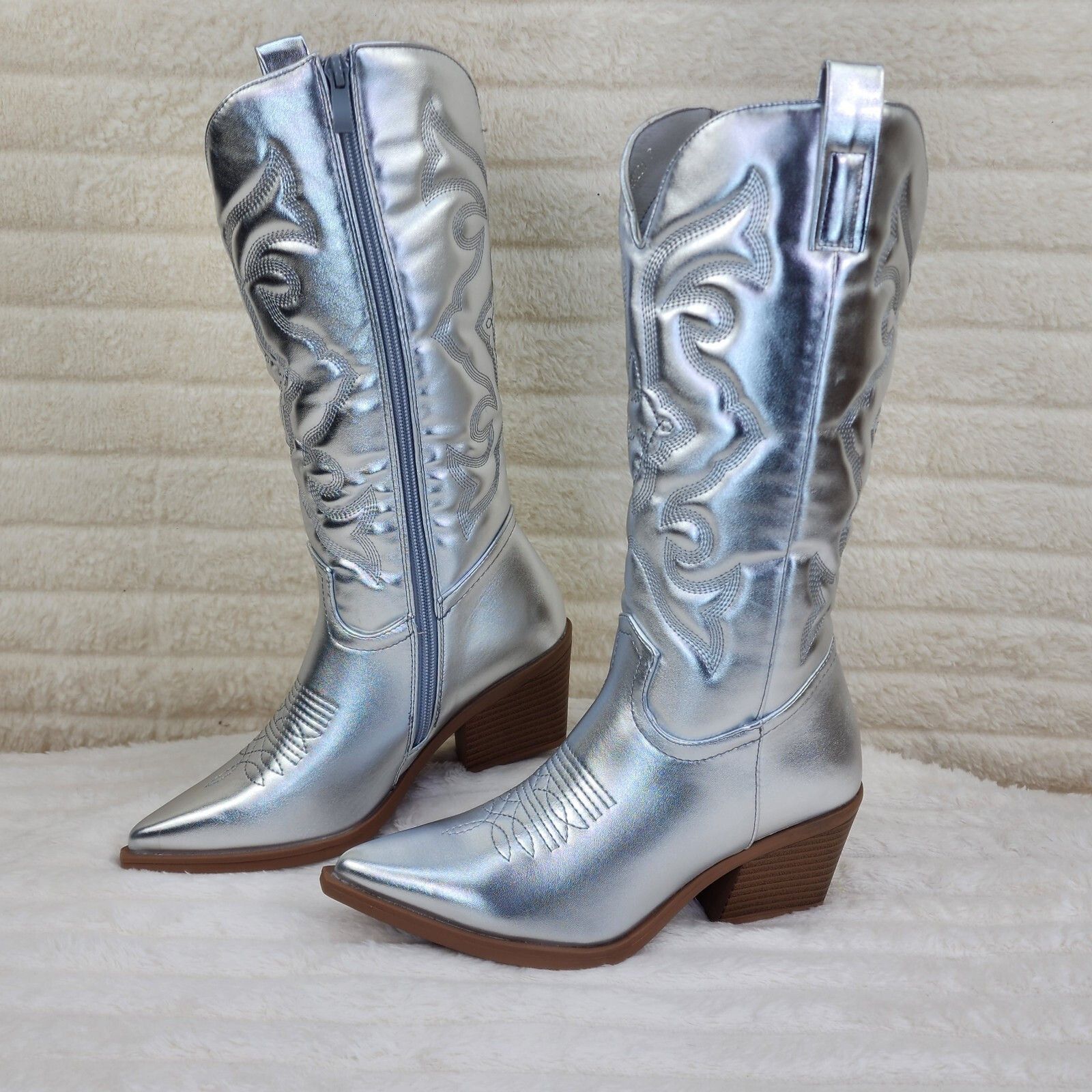 Other Disco Cowgirl Metallic Silver Cowboy Knee Boots Western Bloc Size US 9 / IT 39 - 2 Thumbnail