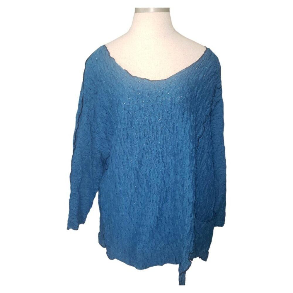 Designer CT237 Noblu Teal Pucker Black Trim V-neck Pocket Shirt S Size S / US 4 / IT 40 - 1 Thumbnail