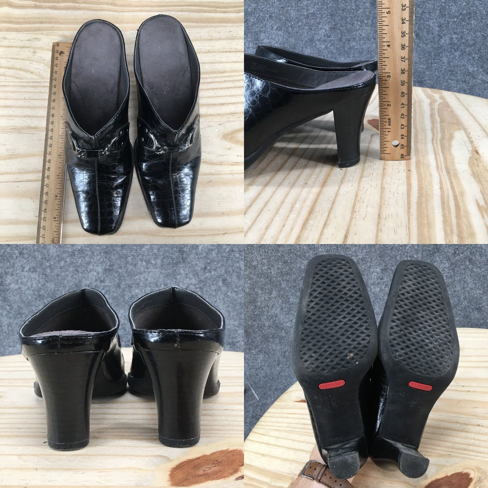 Vintage Aerosoles Mule Heels Womens 7B Black Split Square Toe Slip On Croc Embossed Size US 7 / IT 37 - 8 Thumbnail