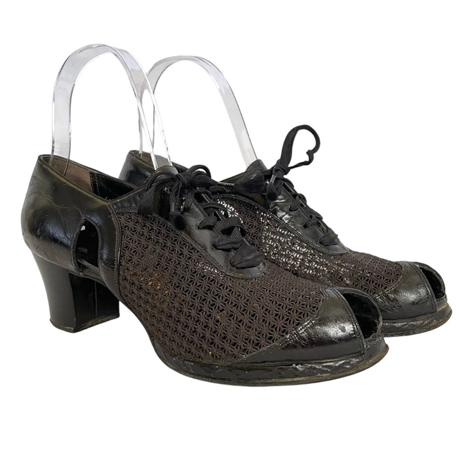 1940S Matrix X Carson Pirie Scott Black Mesh Leather Oxfords Shoes, Women's (Size 6.5)