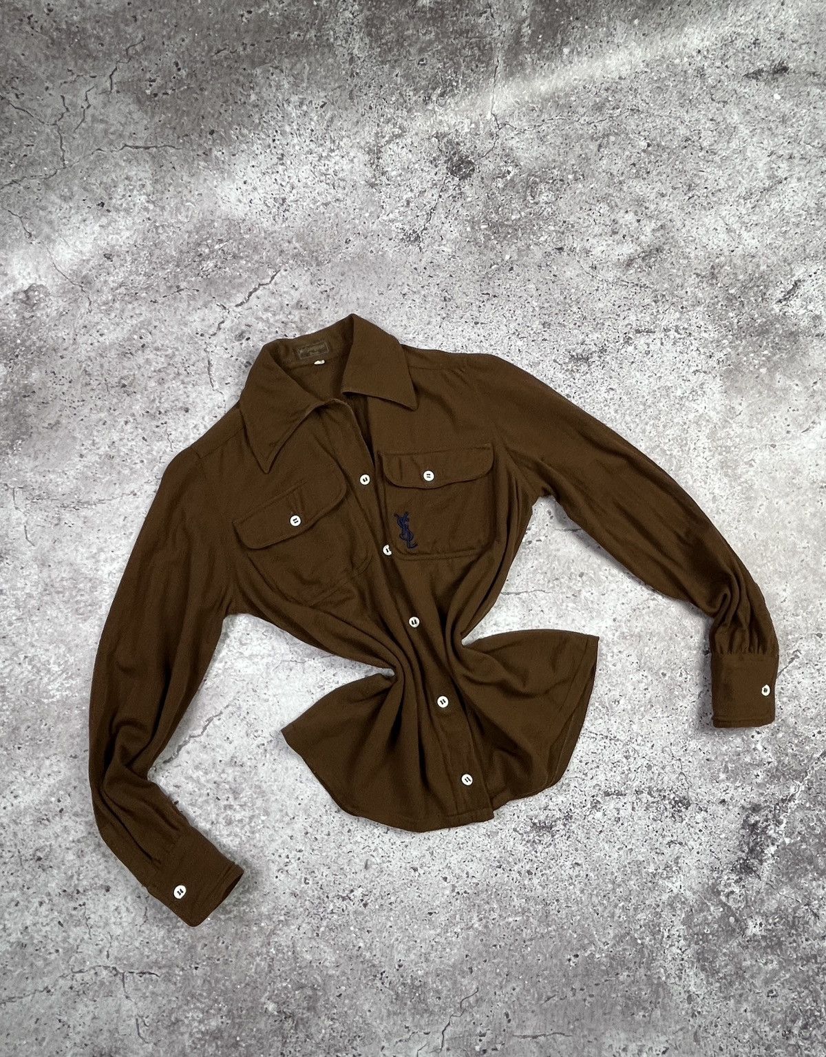 Yves Saint Laurent Vintage YSL Wool Shirt Brown Logo Italy Tricots Designer Size M / US 6-8 / IT 42-44 - 1 Thumbnail