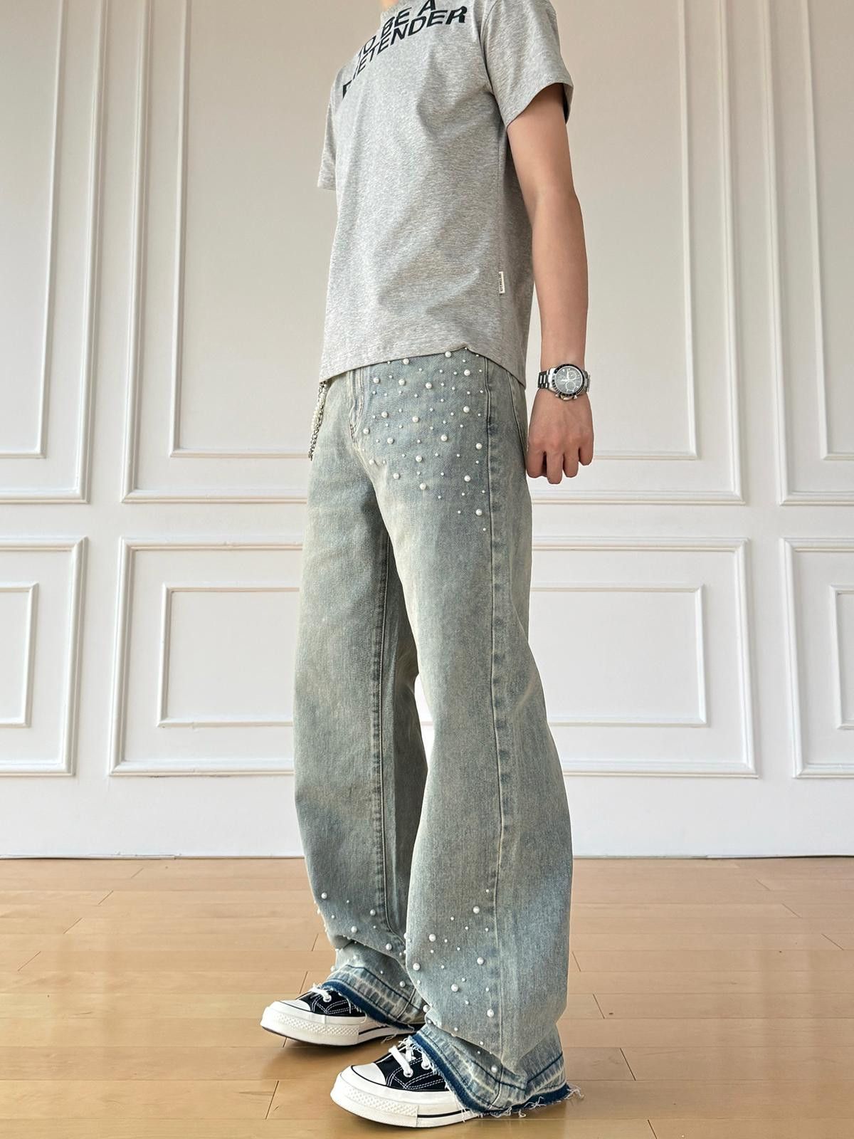 Other Distressed Wide Leg Jeans with Pearl Studs Size ONE SIZE - 3 Thumbnail