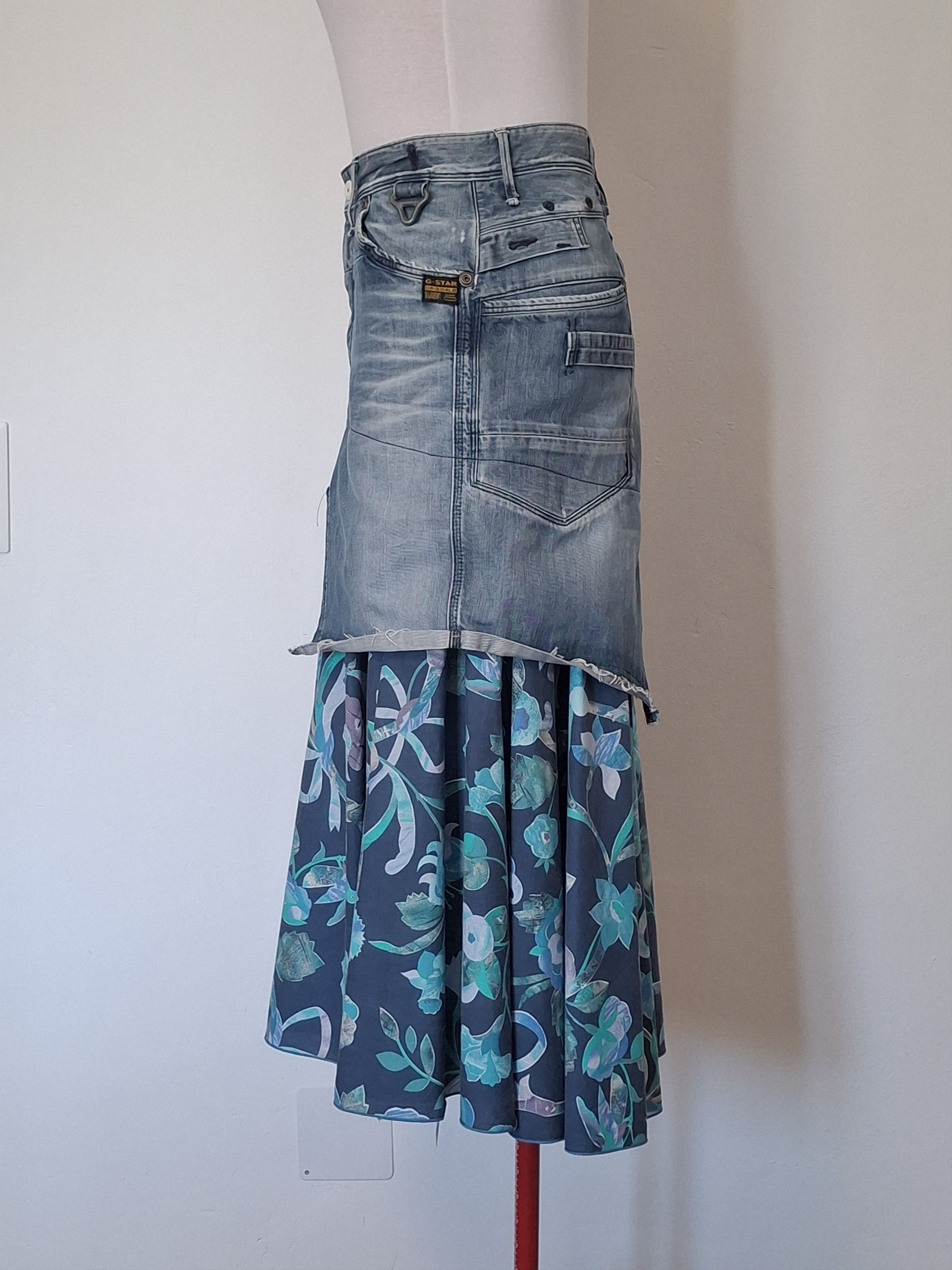 G-Star One of One Reworked G-Star Blue Denim Floral Skirt Size 33" - 2 Thumbnail