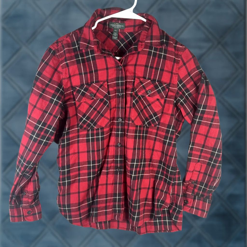 Ralph Lauren Lauren Ralph Lauren Shirt Womens Petite Large Red Plaid Flannel Button Front Tailored Collar Sleeves Long Casual Mens Womens No Size S / US 4 / IT 40 - 1 Thumbnail