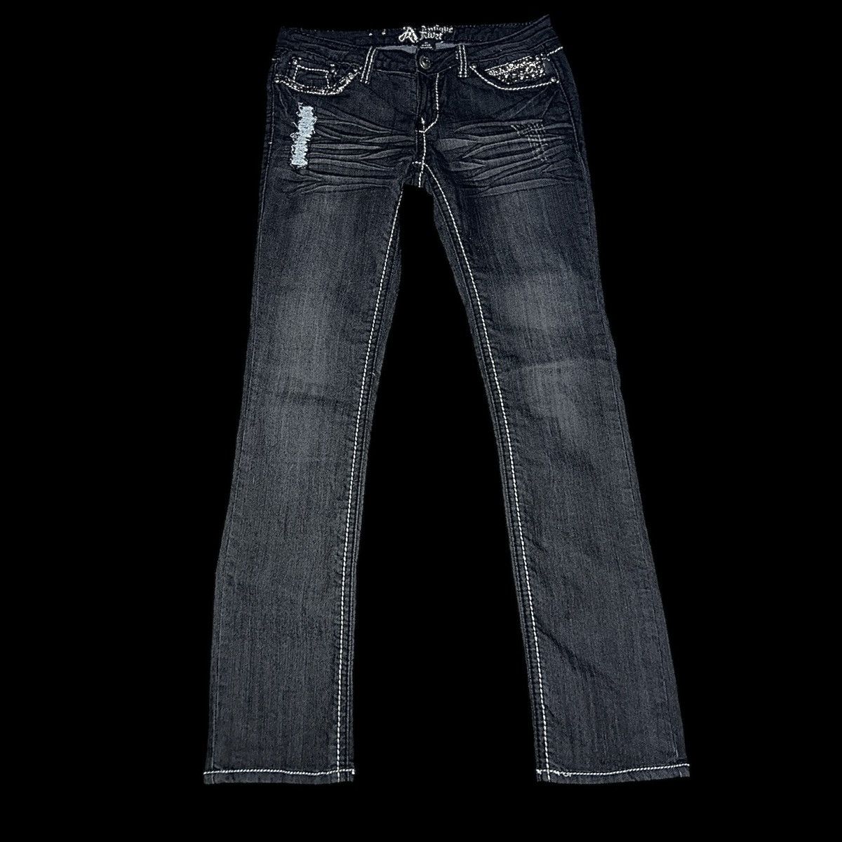 Japanese Brand Antique Rivet Crystal Studded Distressed Jeans Size US 30 / EU 46 - 2 Thumbnail