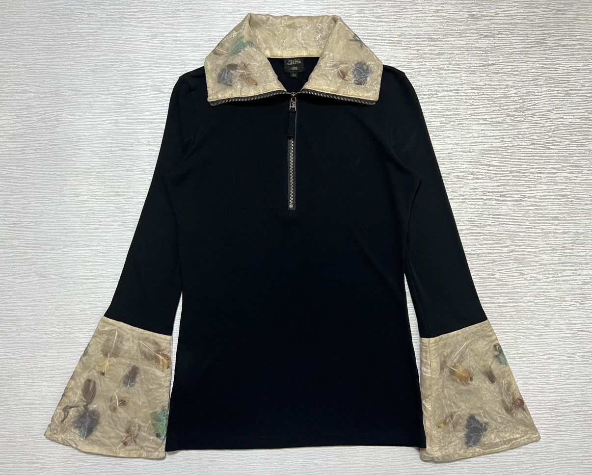 Jean Paul Gaultier 90s JPG Futuristic Feather Design Flared Cuffs Half Zip L/S Size S / US 4 / IT 40 - 1 Thumbnail