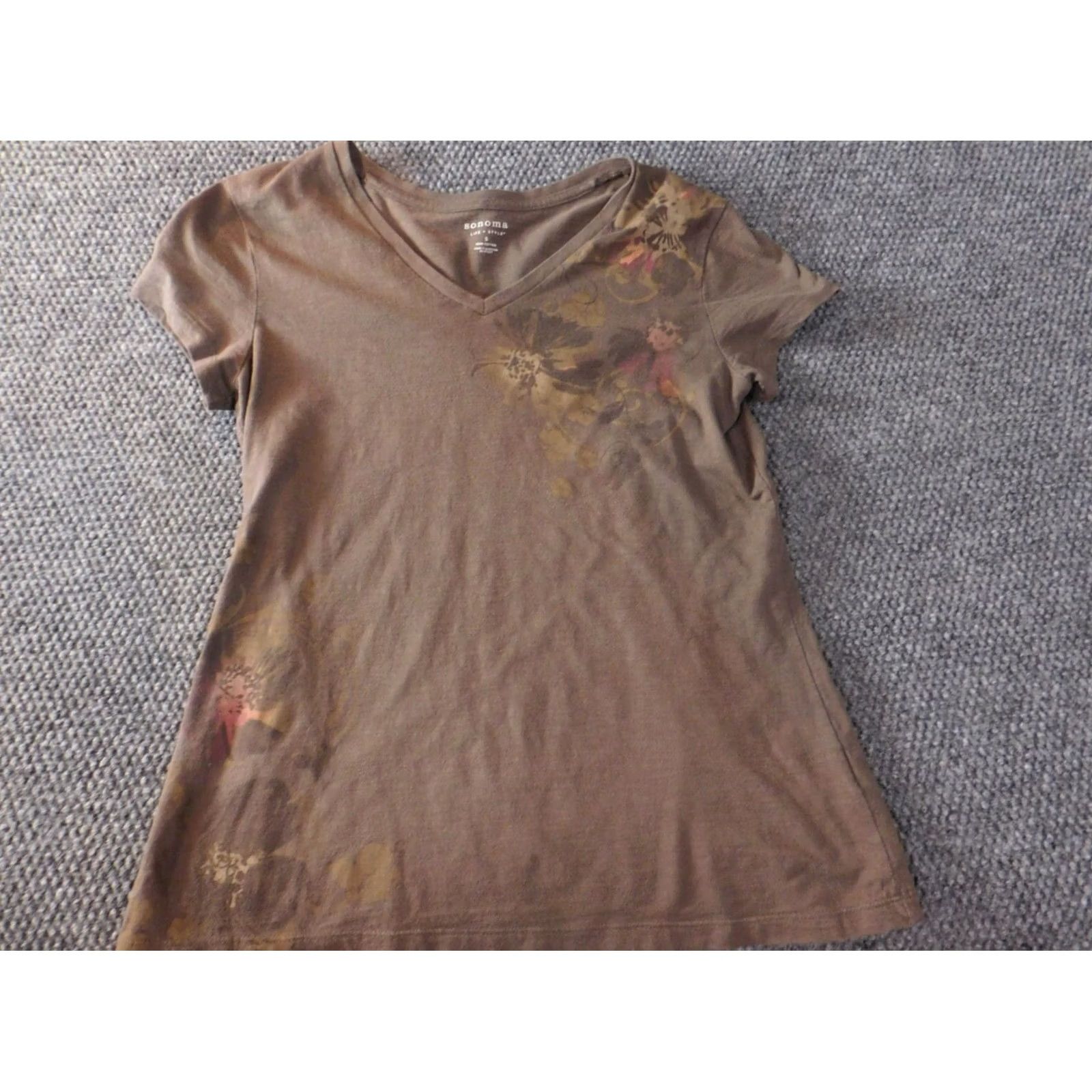 Vintage Sonoma Womens Shirt S Brown Floral Tee Top Blouse Short Sleeve Round Neck Pullover Casual 100% Cotton Size S / US 4 / IT 40 - 2 Thumbnail