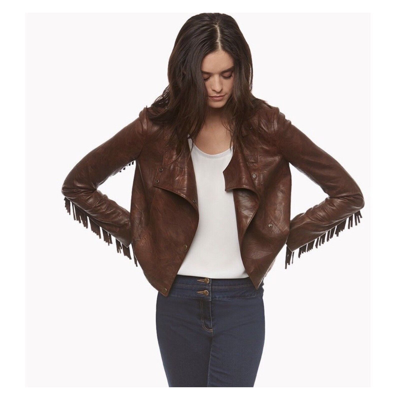 image of Veronica Beard Brown Fringe Leather Western Moto Jacket 10, Women's (Size Large)