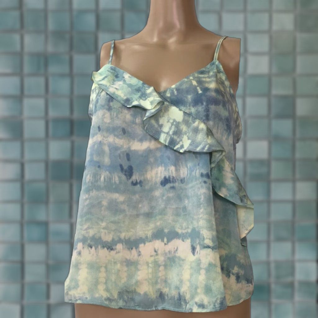 Vintage Wild Fable Blouse Blue Beige Tie Dye Ruffles Spaghetti Strap V Neck S New Women Shirt Size S / US 4 / IT 40 - 1 Thumbnail