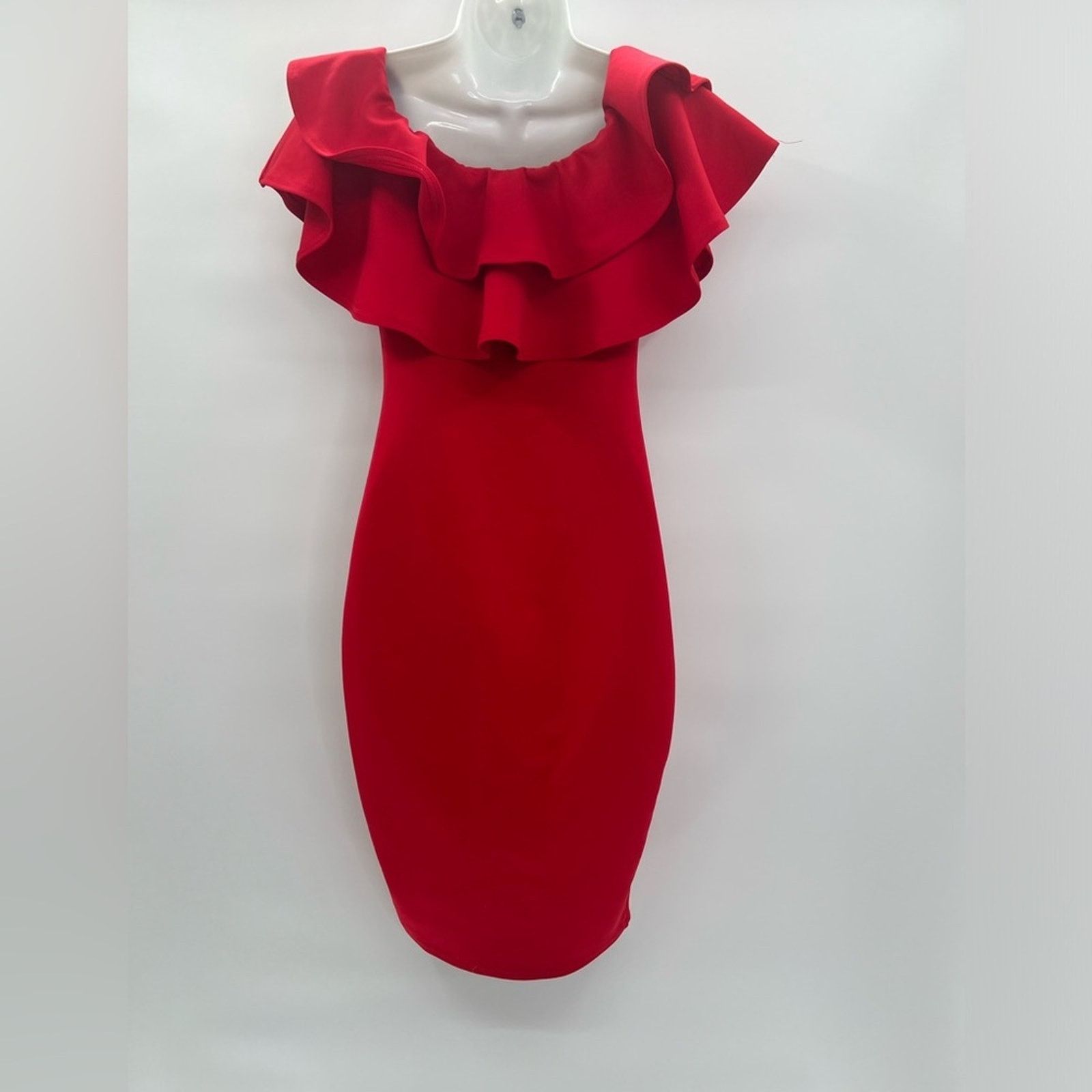 Boohoo Boohoo Red Tight Off Shoulder Ruffled Midi Dress Sz 8 Size M / US 6-8 / IT 42-44 - 1 Thumbnail