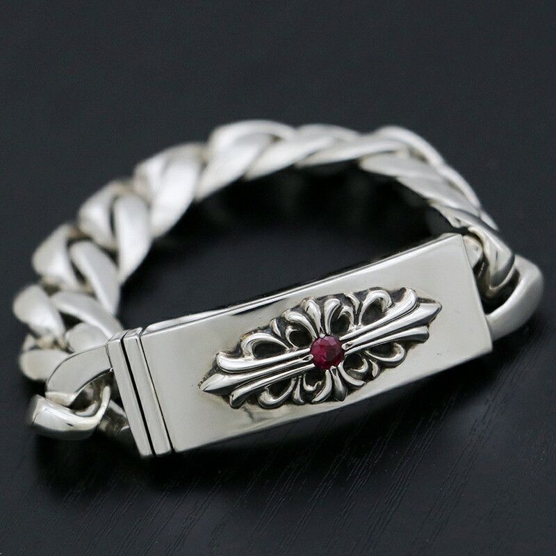 image of Chrome Hearts Ruby Floral Cross Id Bracelet in Silver, Men's