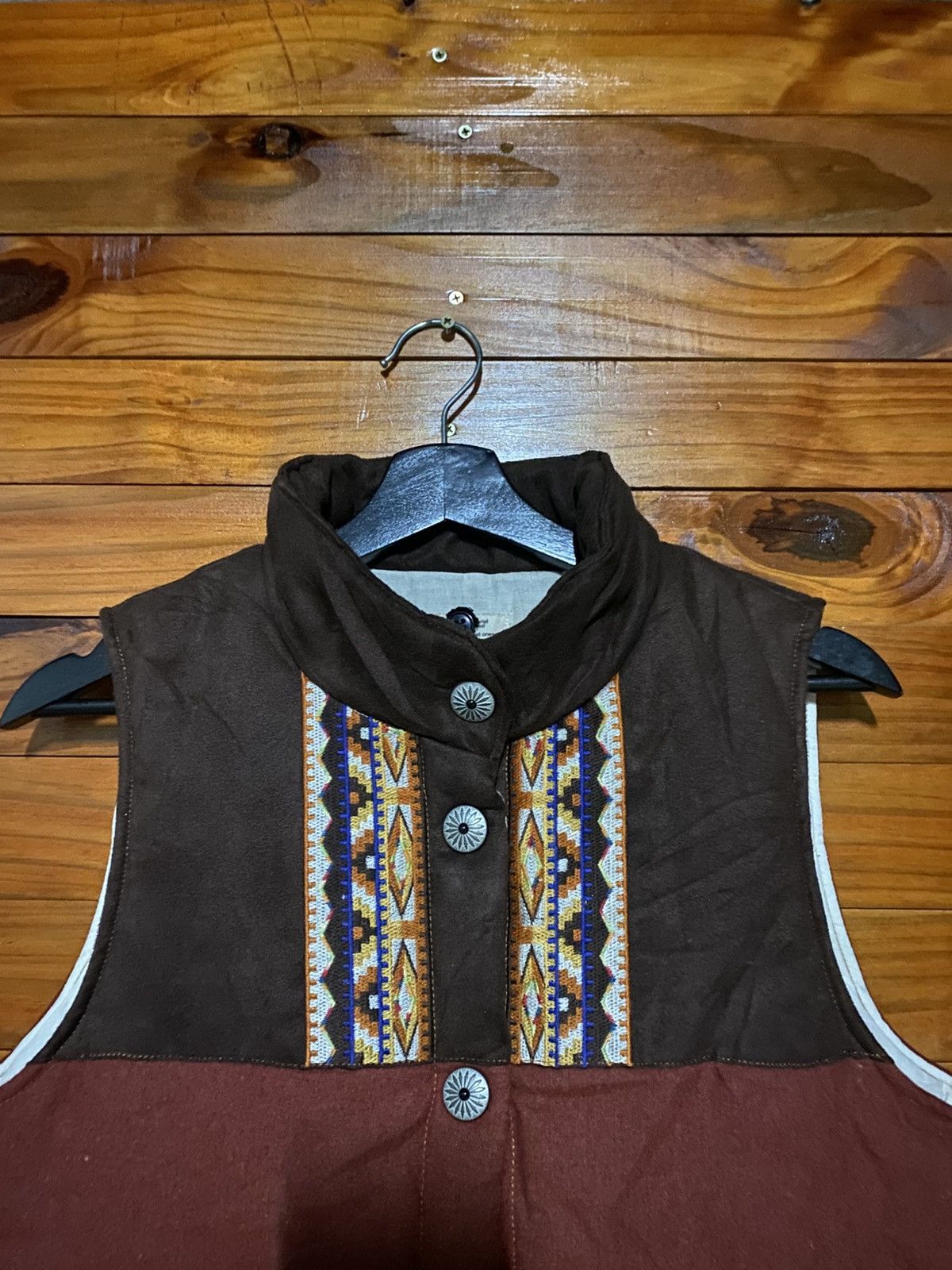 Japanese Brand Vintage RimLimit Tribal Pattern Puffer Vest – Brown & Maroon Size US S / EU 44-46 / 1 - 7 Thumbnail