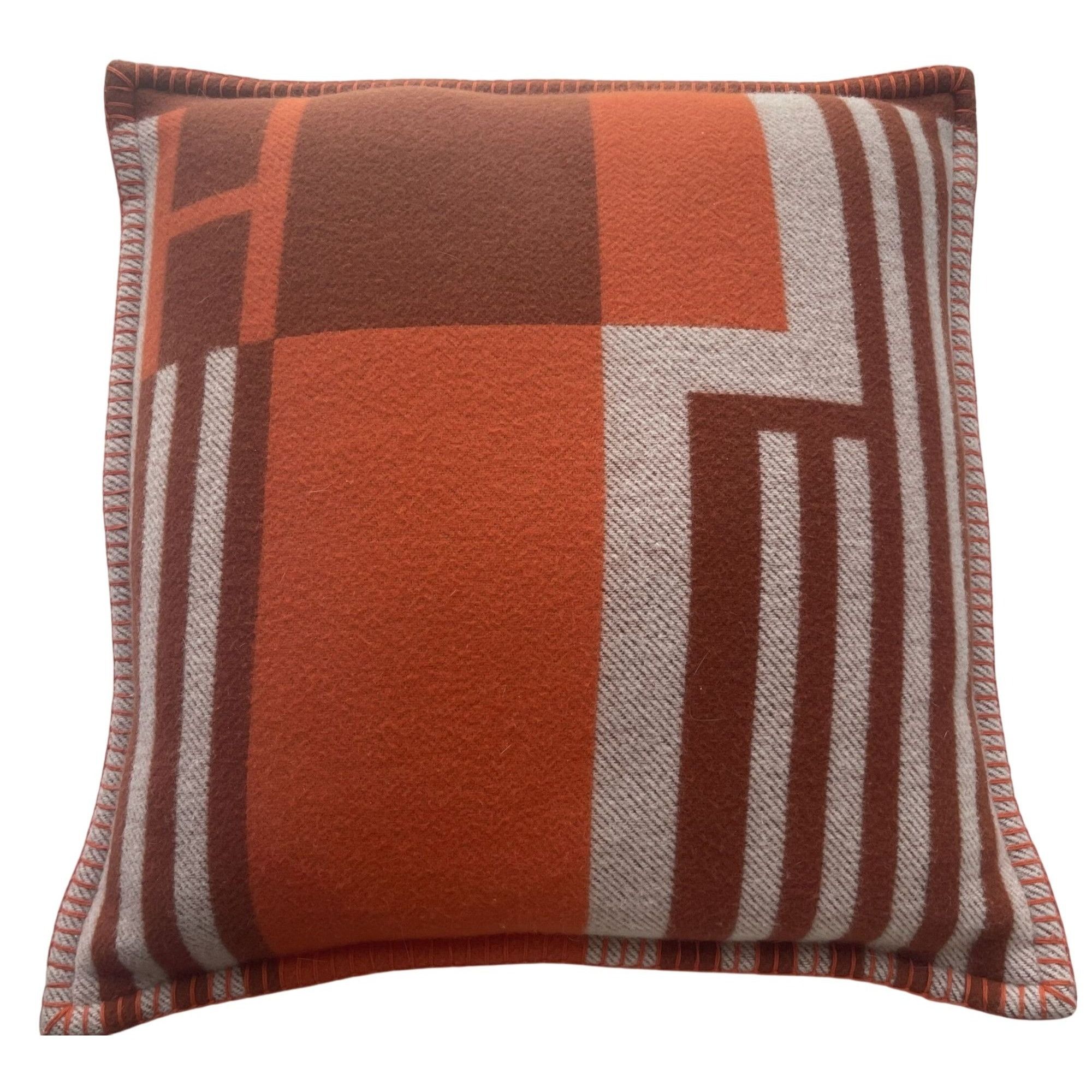 Hermes Hermès Orange & Brown Geometric Wool-Cashmere Pillow Cover 1 Size ONE SIZE - 1 Thumbnail