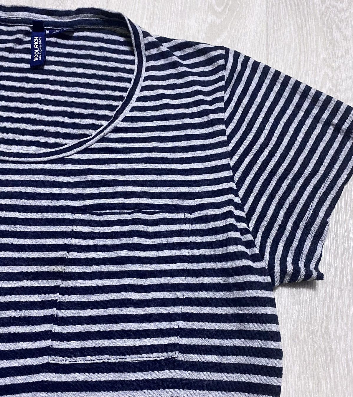 Woolrich Woolen Mills Women’s Woolrich Striped Navy Gray Linen Cotton Pocket Tee Size XL / US 12-14 / IT 48-50 - 5 Thumbnail