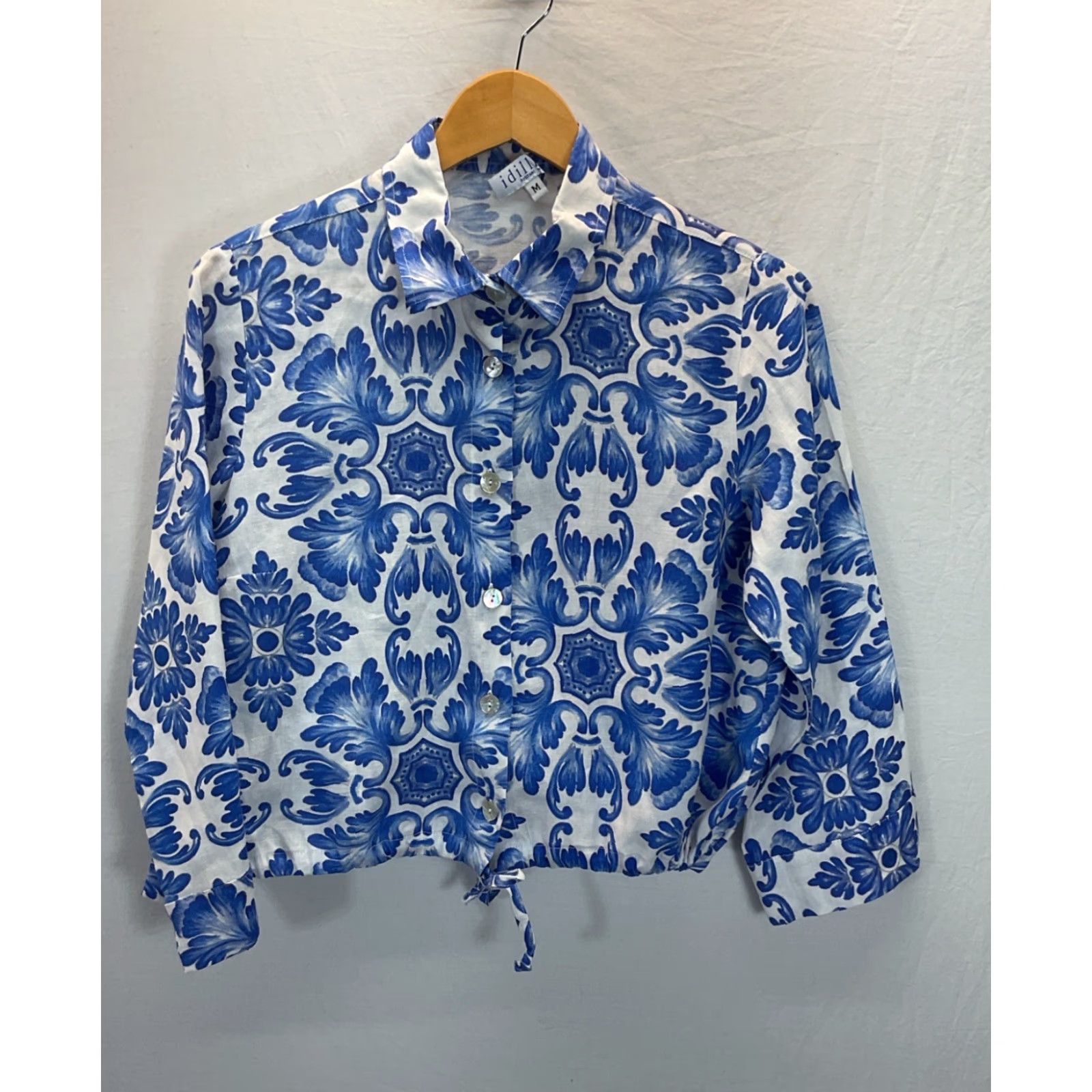 Idillio Positano Womens Blue Floral Linen L/S Button-Up Shirt with  Drawstring Waist MD Italy