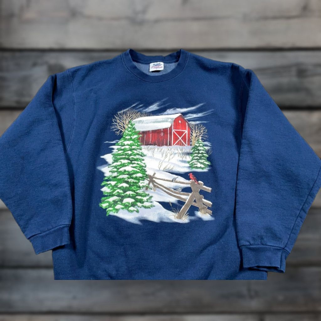 Vintage VTG Pluma Scenic Bird Barn Outdoor Print Sweatshirt Adult Large Blue Heavyweight Size L / US 10 / IT 46 - 1 Thumbnail