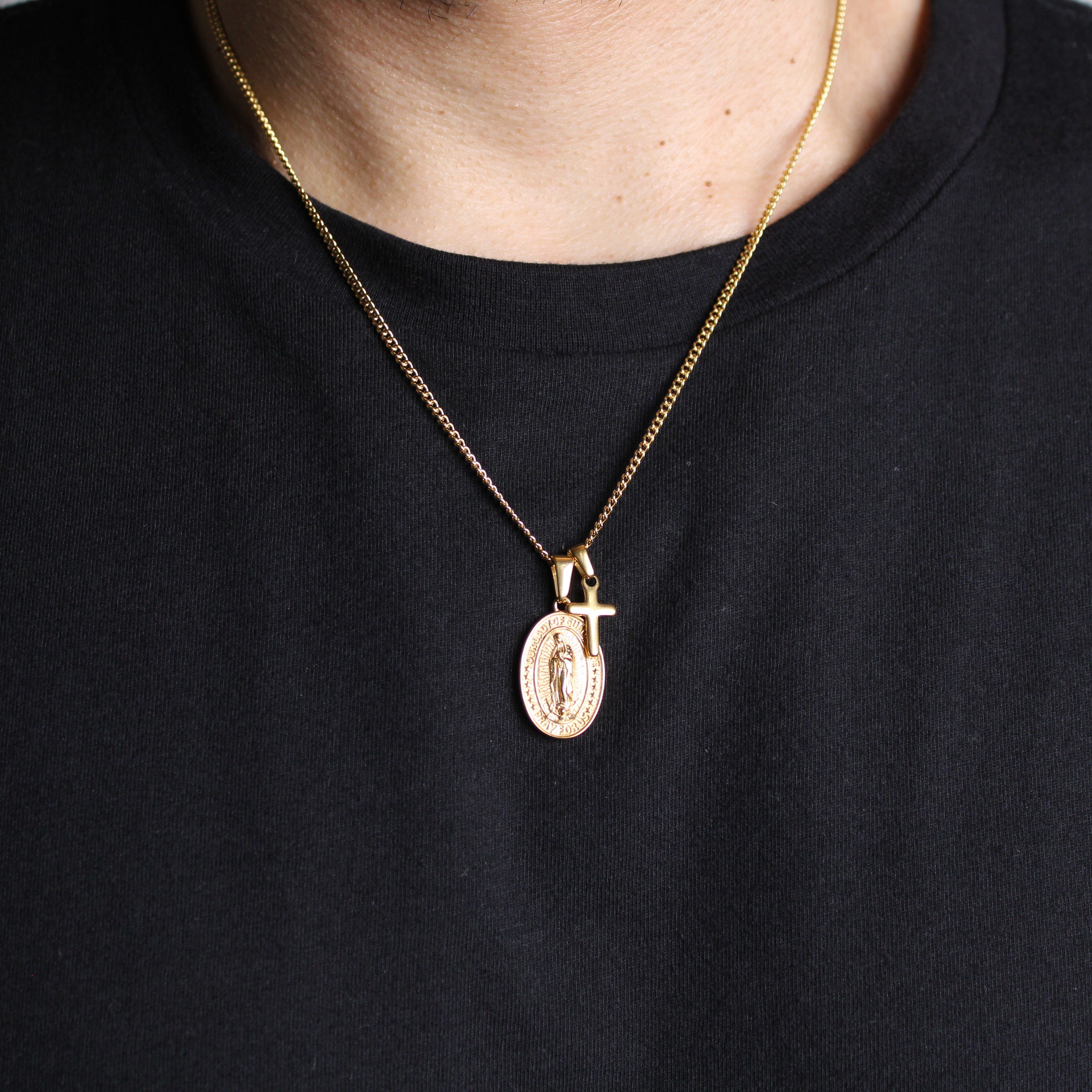 Jewelry Gold Lady of Guadalupe and Mini Cross Pendant Necklace Set Size ONE SIZE - 1 Thumbnail