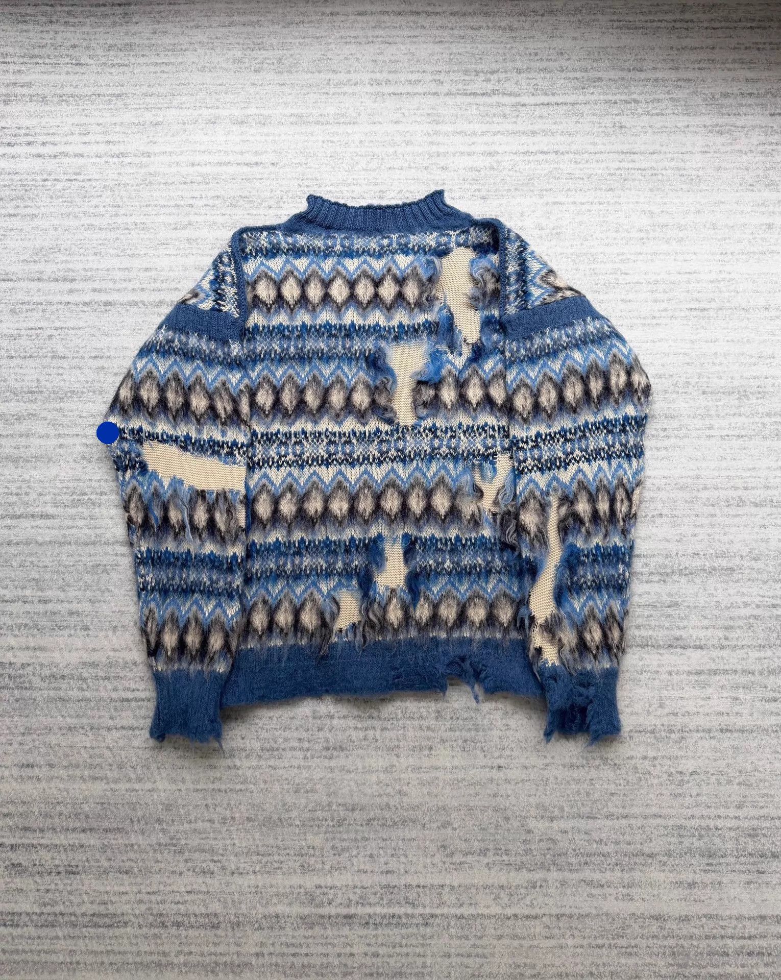 Maison Margiela Distressed Blue Fair Isle Knit Sweater Size US S / EU 44-46 / 1 - 1 Thumbnail