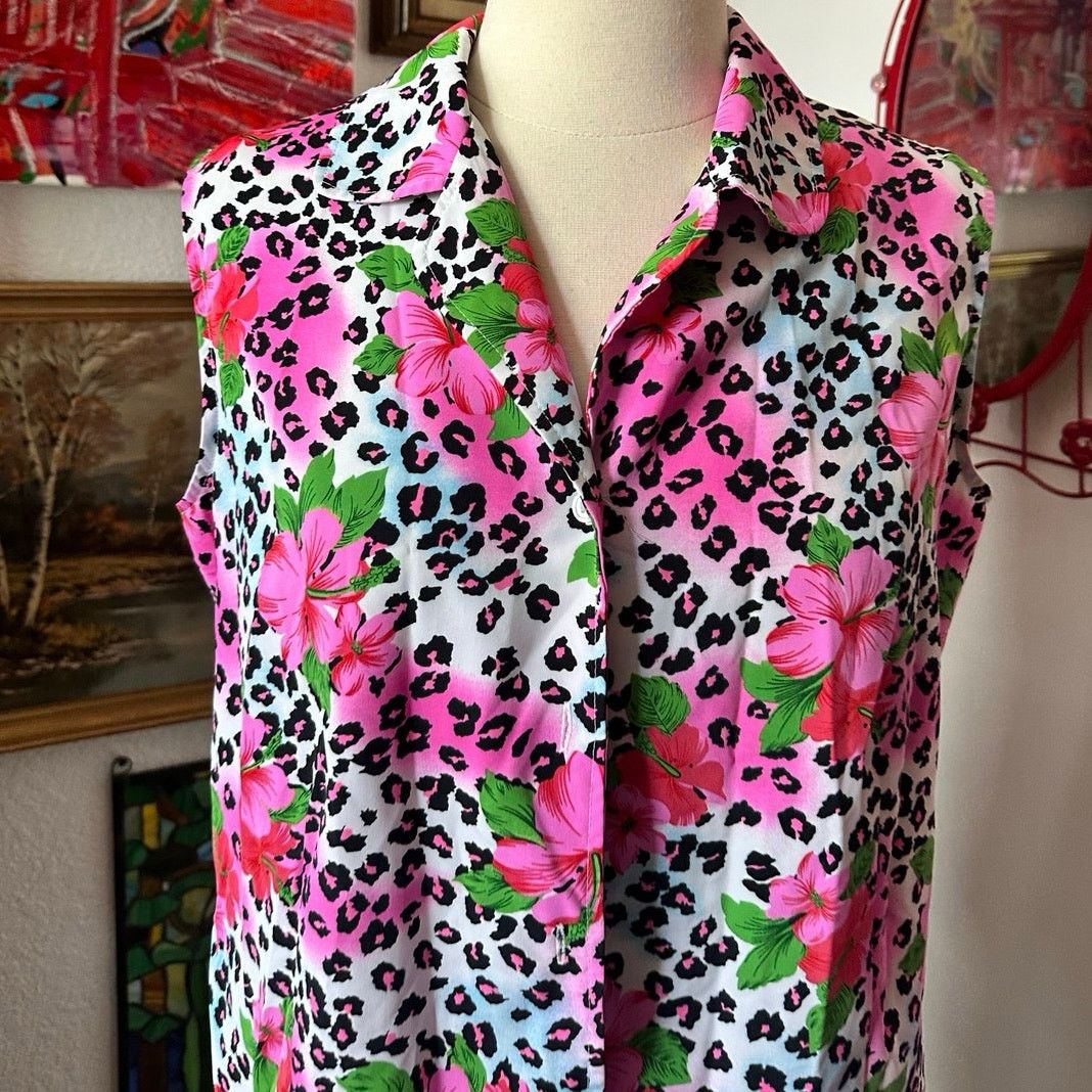 Other notations pink white leopard print hawaiian flower tank top Size L / US 10 / IT 46 - 2 Thumbnail