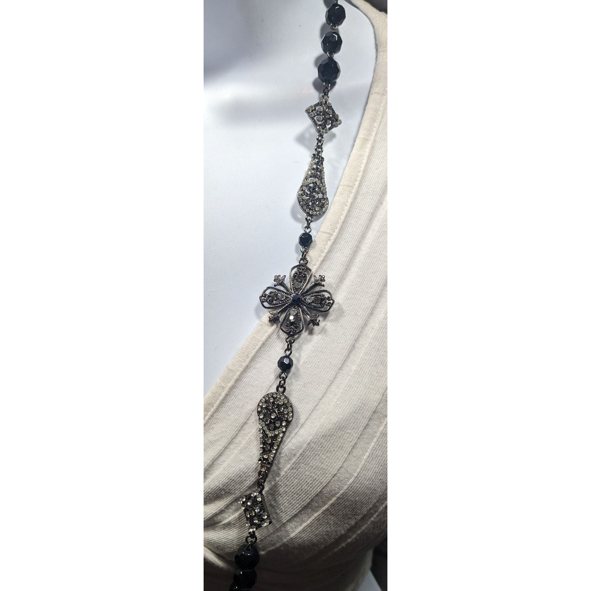 Other Glam Goth Floral Rhinestone Accented Black Beaded Opera Neck Size ONE SIZE - 5 Thumbnail