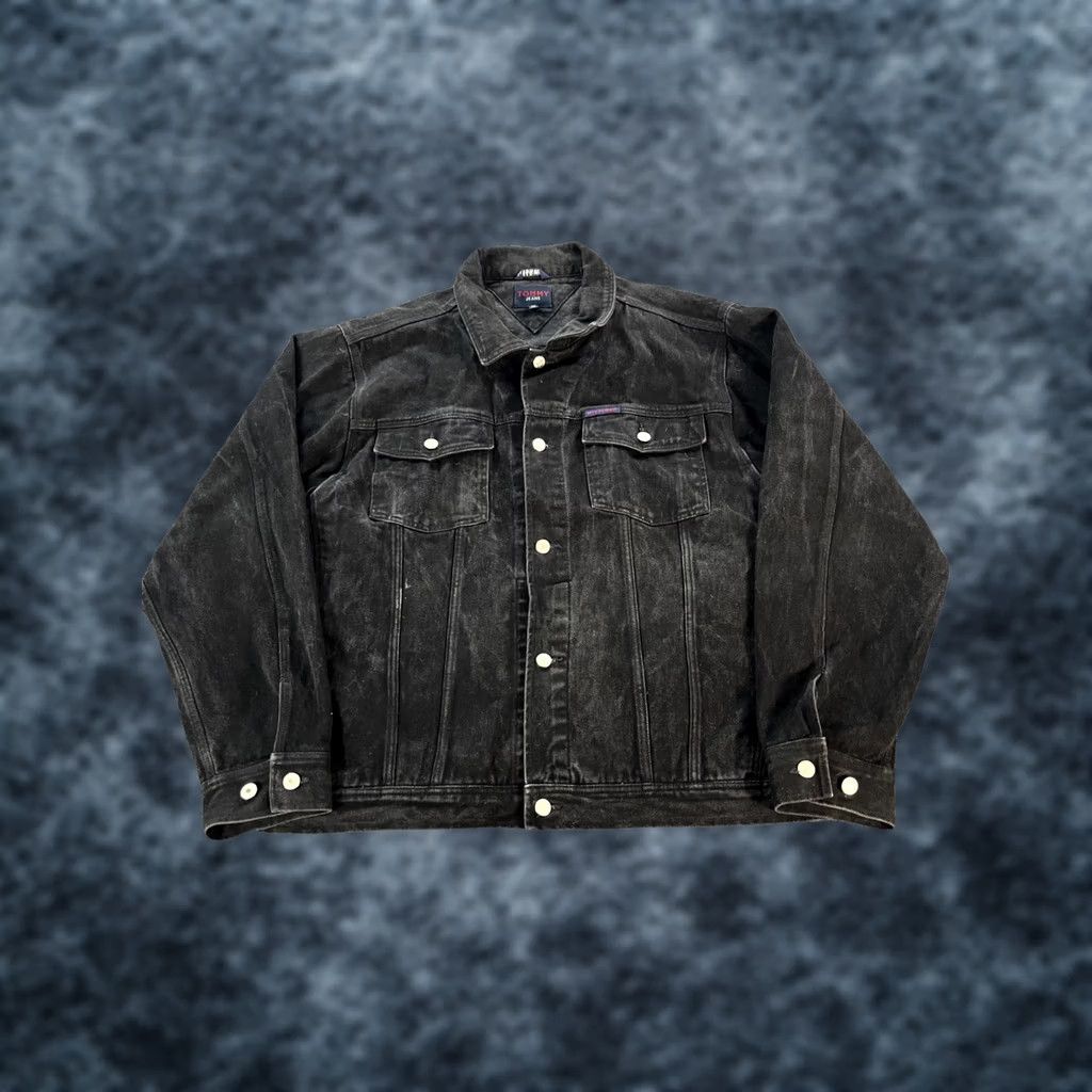 Tommy Hilfiger VINTAGE Tommy Hilfiger Jeans Denim Jacket Mens 2XL Black Denim Button 90s Biker Flag Classic Size US 39 - 1 Thumbnail