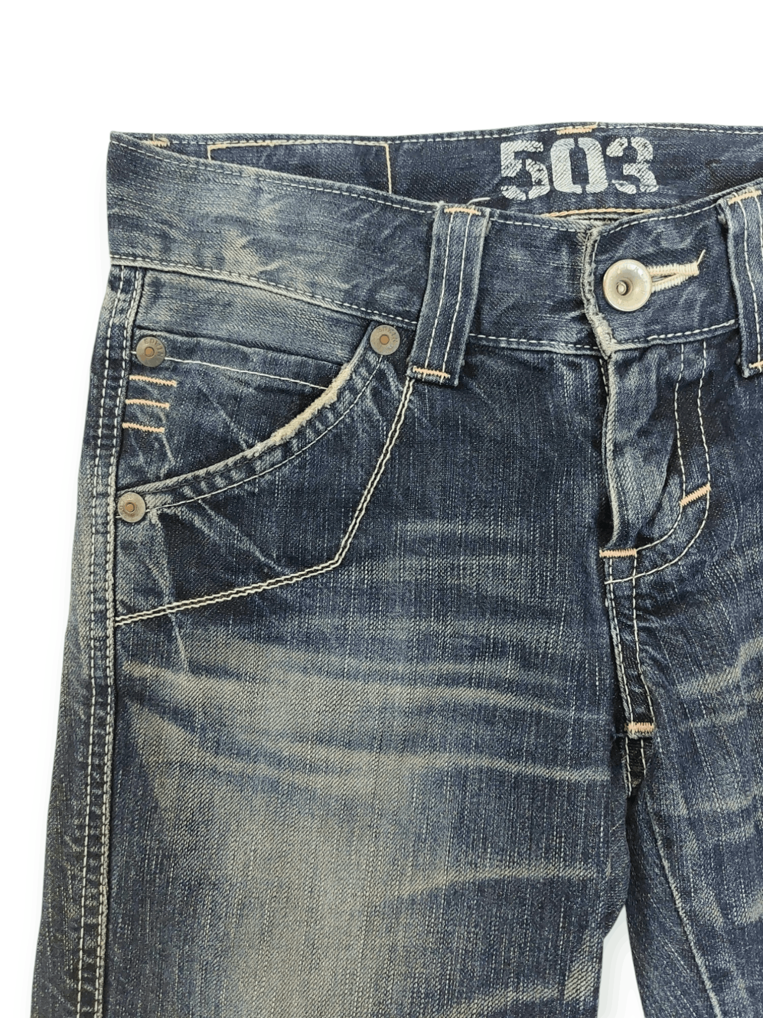 Edwin × Japanese Brand Flare Edwin 503 Blue Trip Buckle Back Denim Size 28" / US 6 / IT 42 - 8 Thumbnail