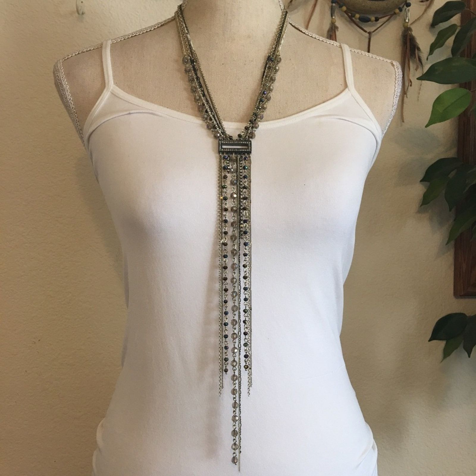 Jewelry Multi tone chain tie style fringe sparkle necklace Size ONE SIZE - 1 Thumbnail