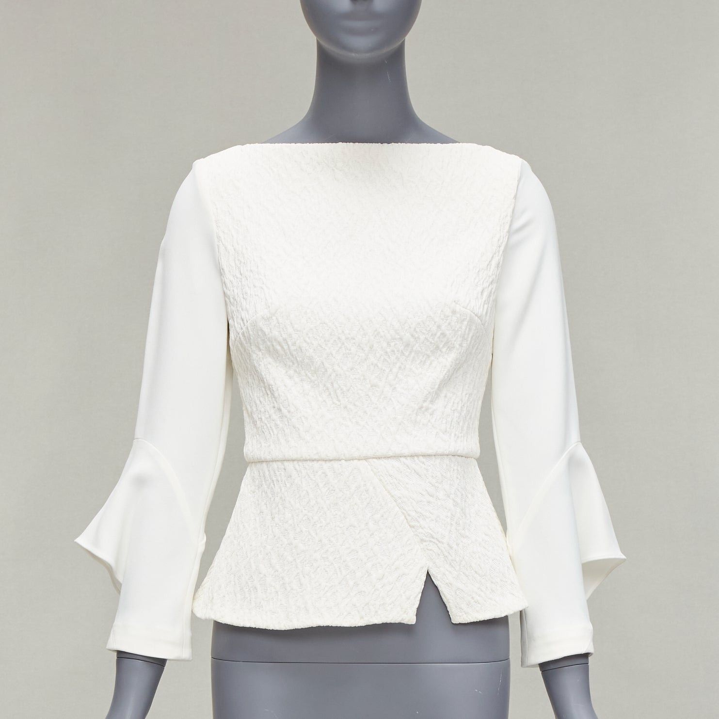 Roland Mouret ROLAND MOURET 2018 Richardson cream textured crepe ruffle cuff peplum top UK6 XS Size XS / US 0-2 / IT 36-38 - 1 Thumbnail