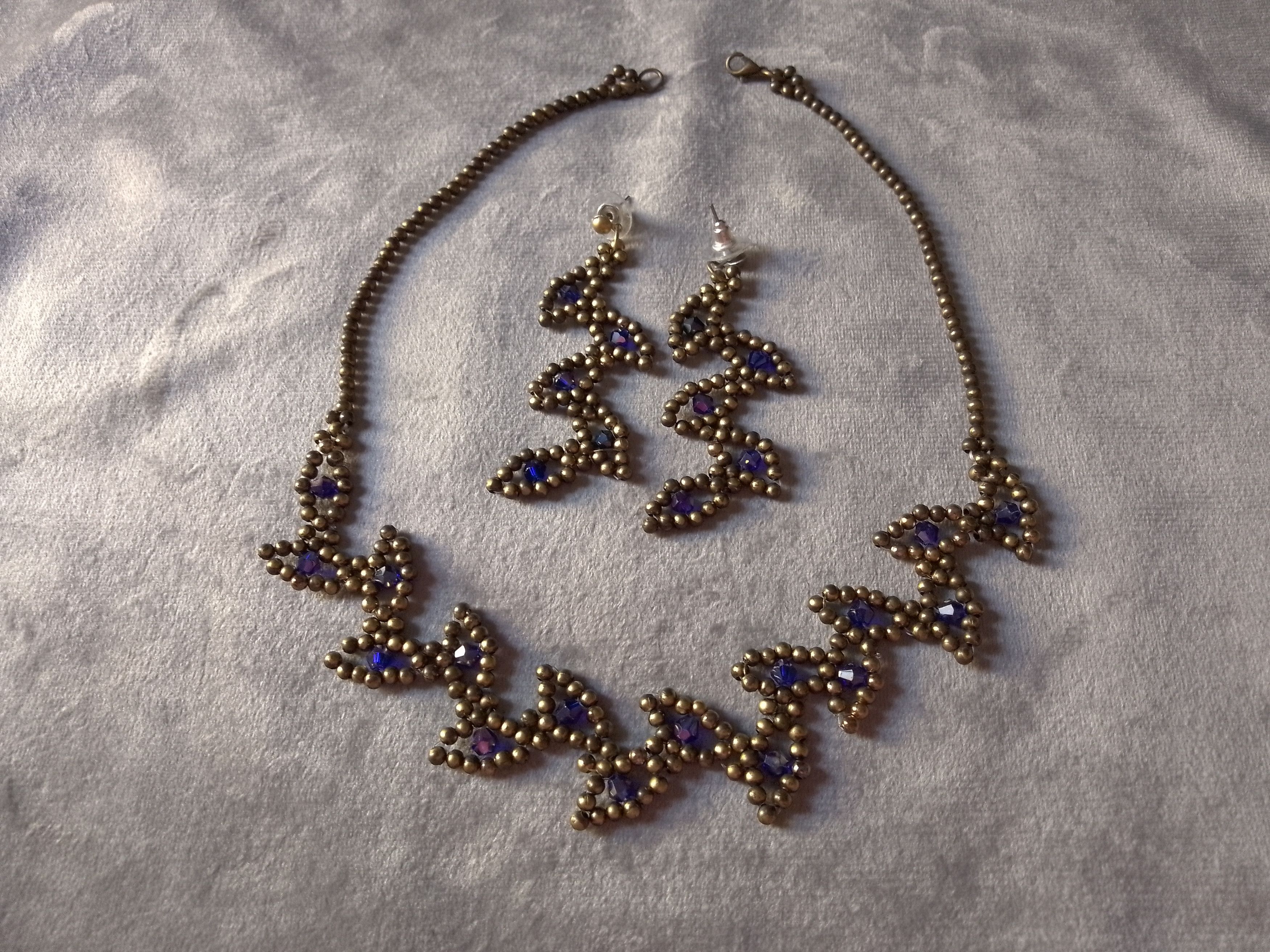 Handmade Necklace Vintage Earrings Leafy Brass Blue Crystal Size ONE SIZE - 5 Thumbnail