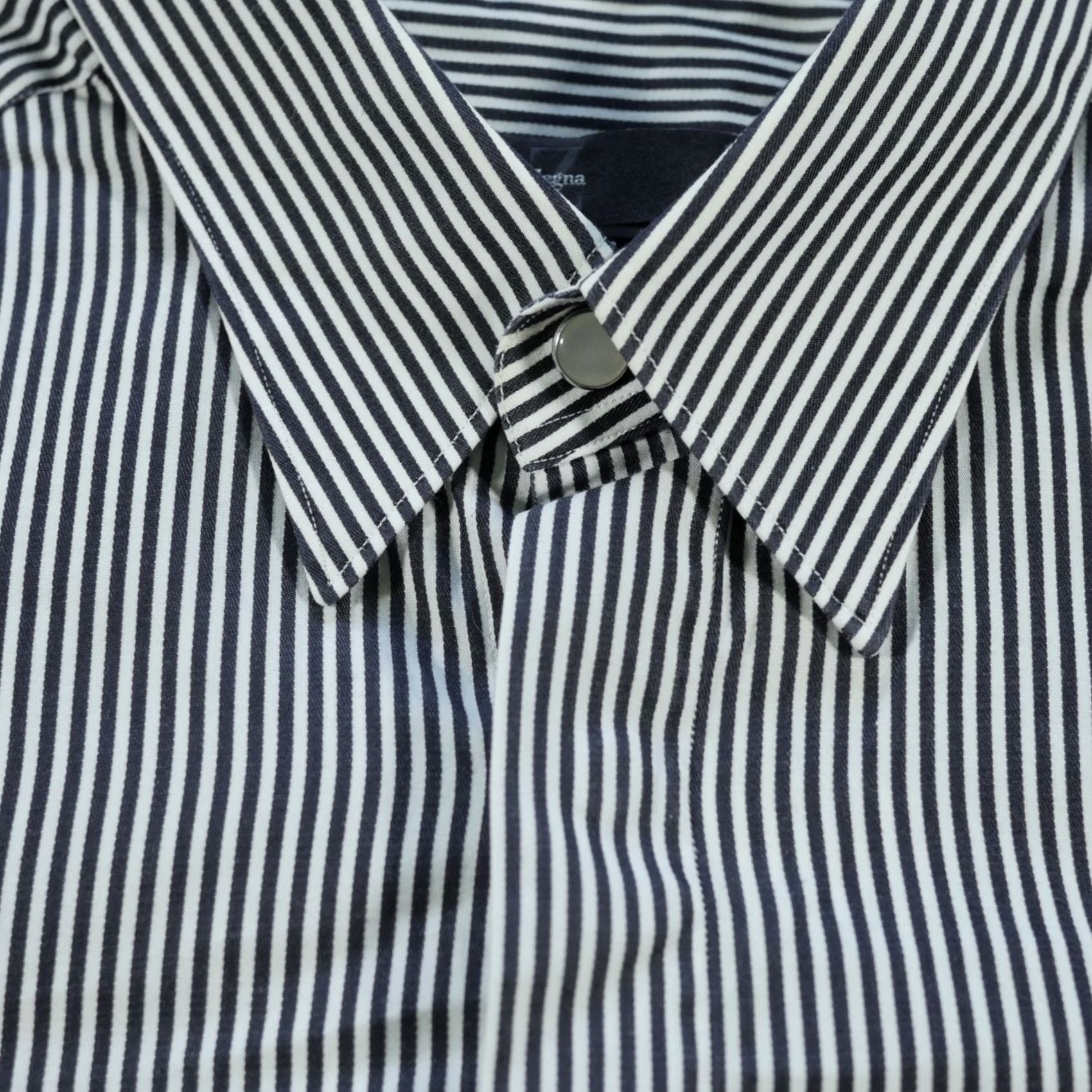 Ermenegildo Zegna Zegna Shirt Mens Large 16 Drop 8 Black Striped Pearl Snap Barrel Button-Up Classic Cotton Denim Cap Sleeve Mens Size US L / EU 52-54 / 3 - 3 Thumbnail