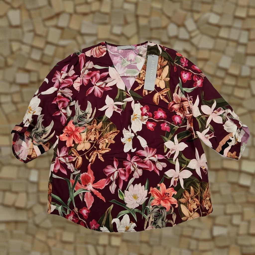 CO Betty & Co Womens Blouse Burgundy Red 12 UK Floral 3/4 Sleeves Top Size XL / US 12-14 / IT 48-50 - 1 Thumbnail