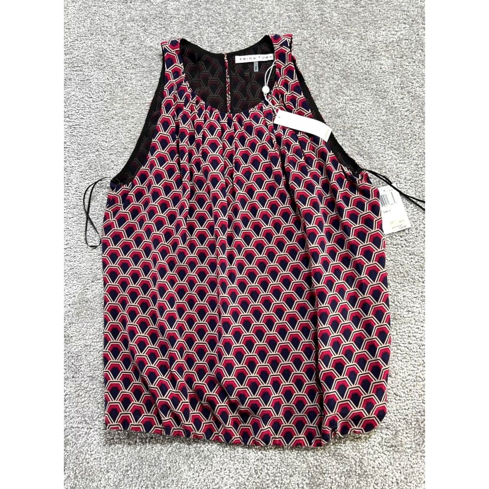 Trina Turk Trina Turk Blouse Top Womens Large Multicolor Hexagon Print Silk Square Neck New Size L / US 10 / IT 46 - 2 Thumbnail