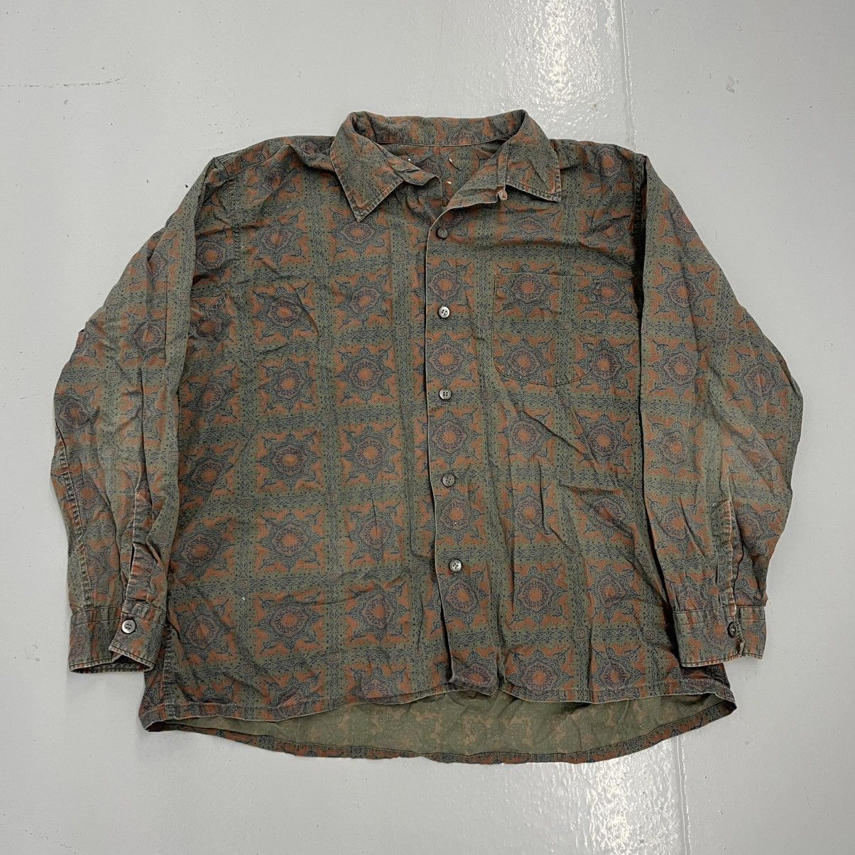 Vintage 60s Green/Orange Pattern Cotton Loop Collar Shirt