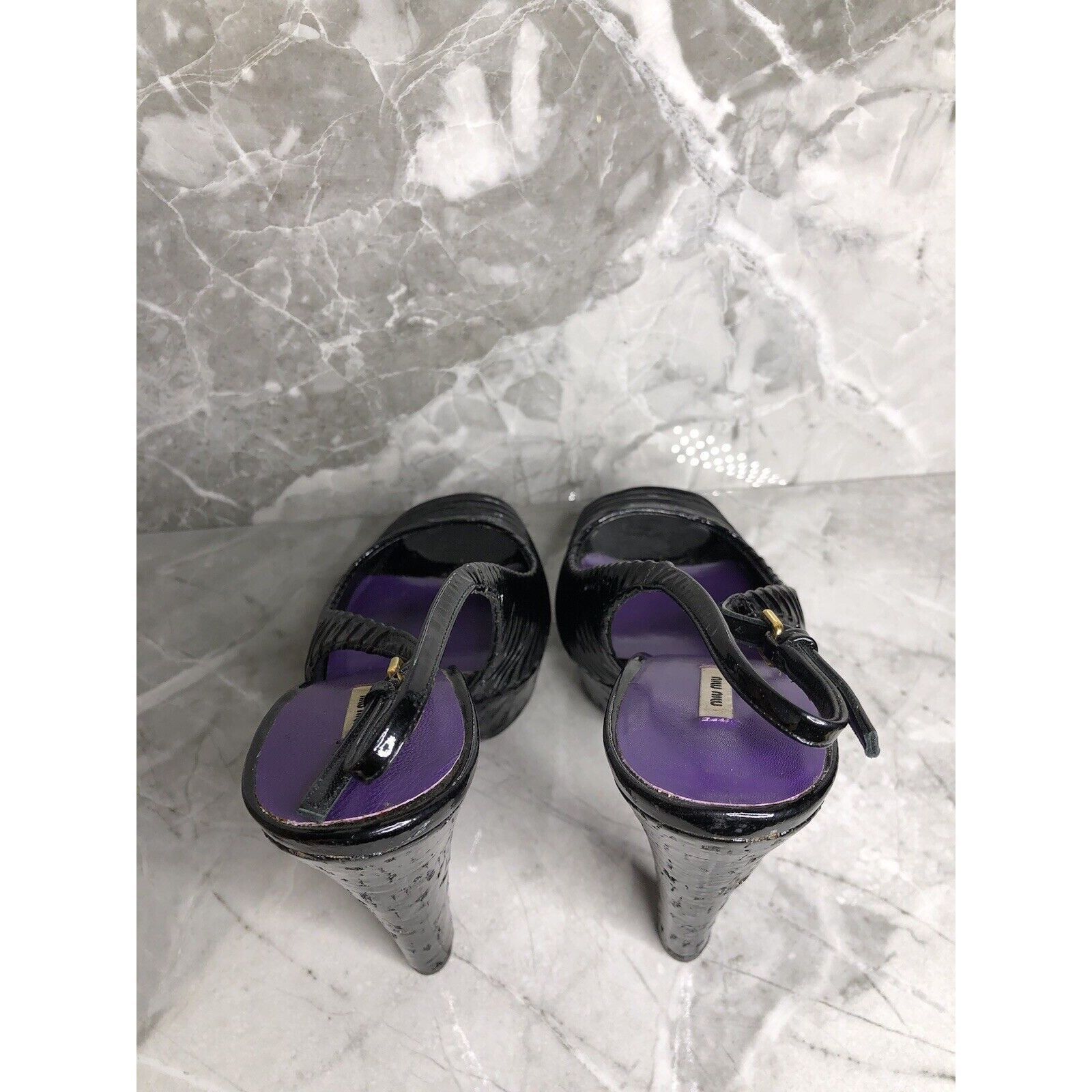 Miu Miu MIU MIU Black Patent Leather Peep Ankle Strap Platform Stile Size US 8 / IT 38 - 4 Thumbnail