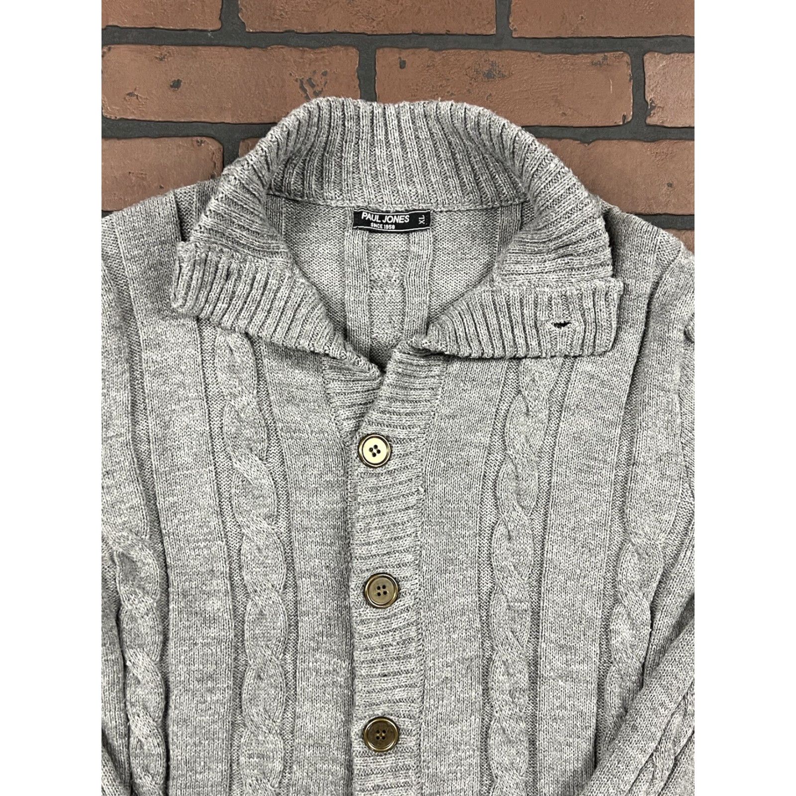 Vintage Paul Jones Men’s Sweater Cardigan Cable-Knit Collared Button Down XL Gray Size US XL / EU 56 / 4 - 3 Thumbnail