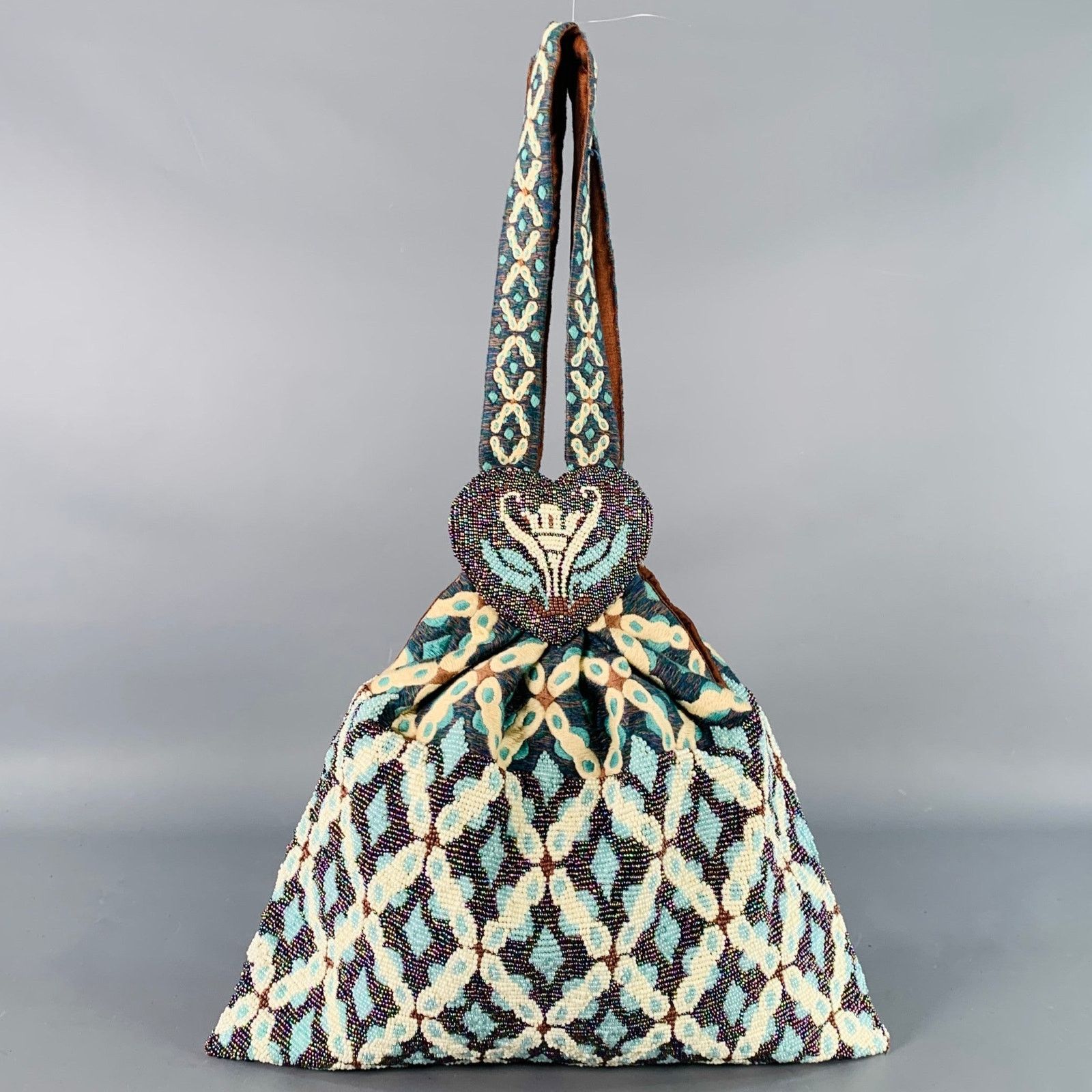 Other Blue Brown White Beaded Hand Embroidered Cotton Handbag Size ONE SIZE - 1 Thumbnail