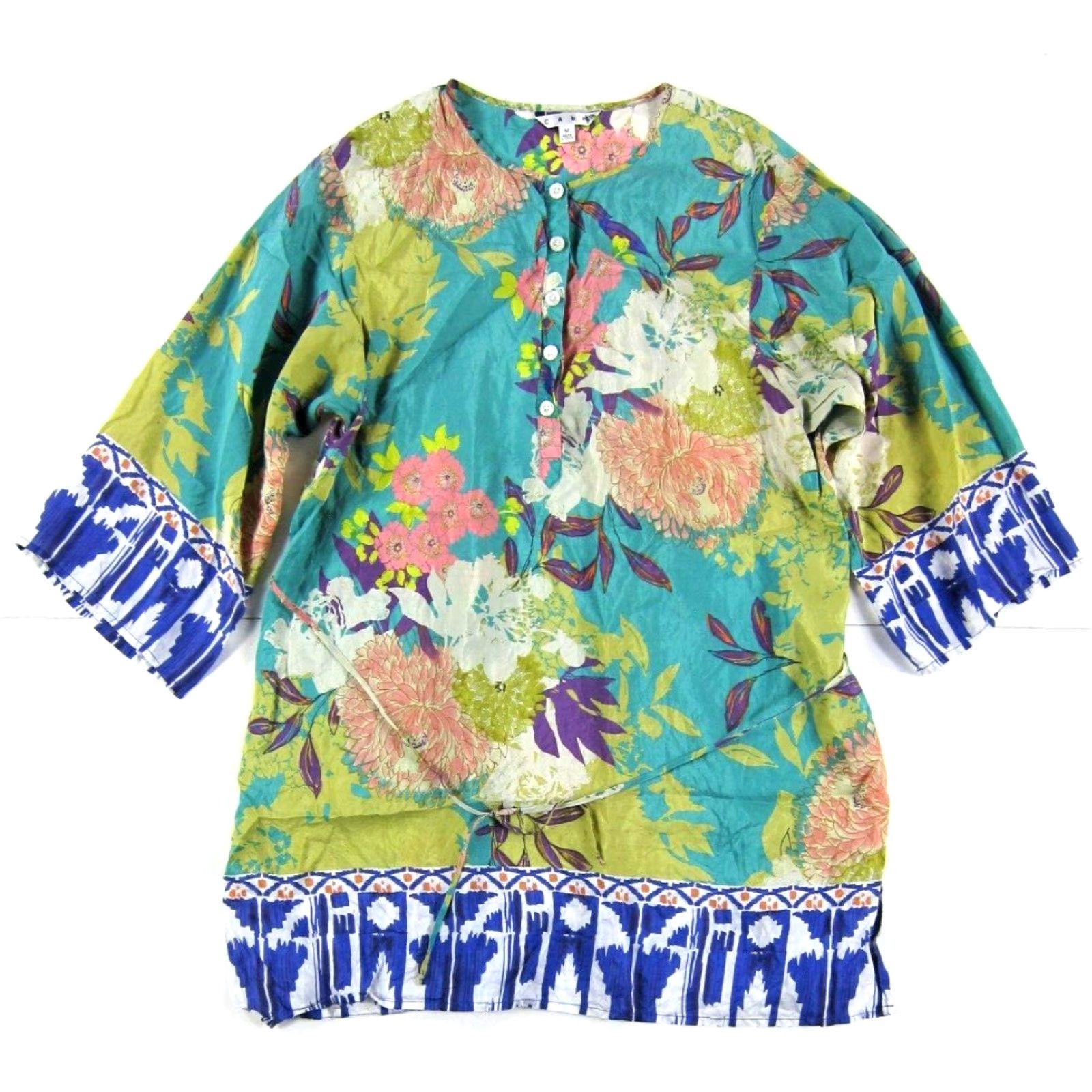 Vintage CAbi Blouse Shirt Tunic 3/4 Sleeve Silk Floral 100% Medium Women Green Blue Pink Yellow Size M / US 6-8 / IT 42-44 - 2 Thumbnail