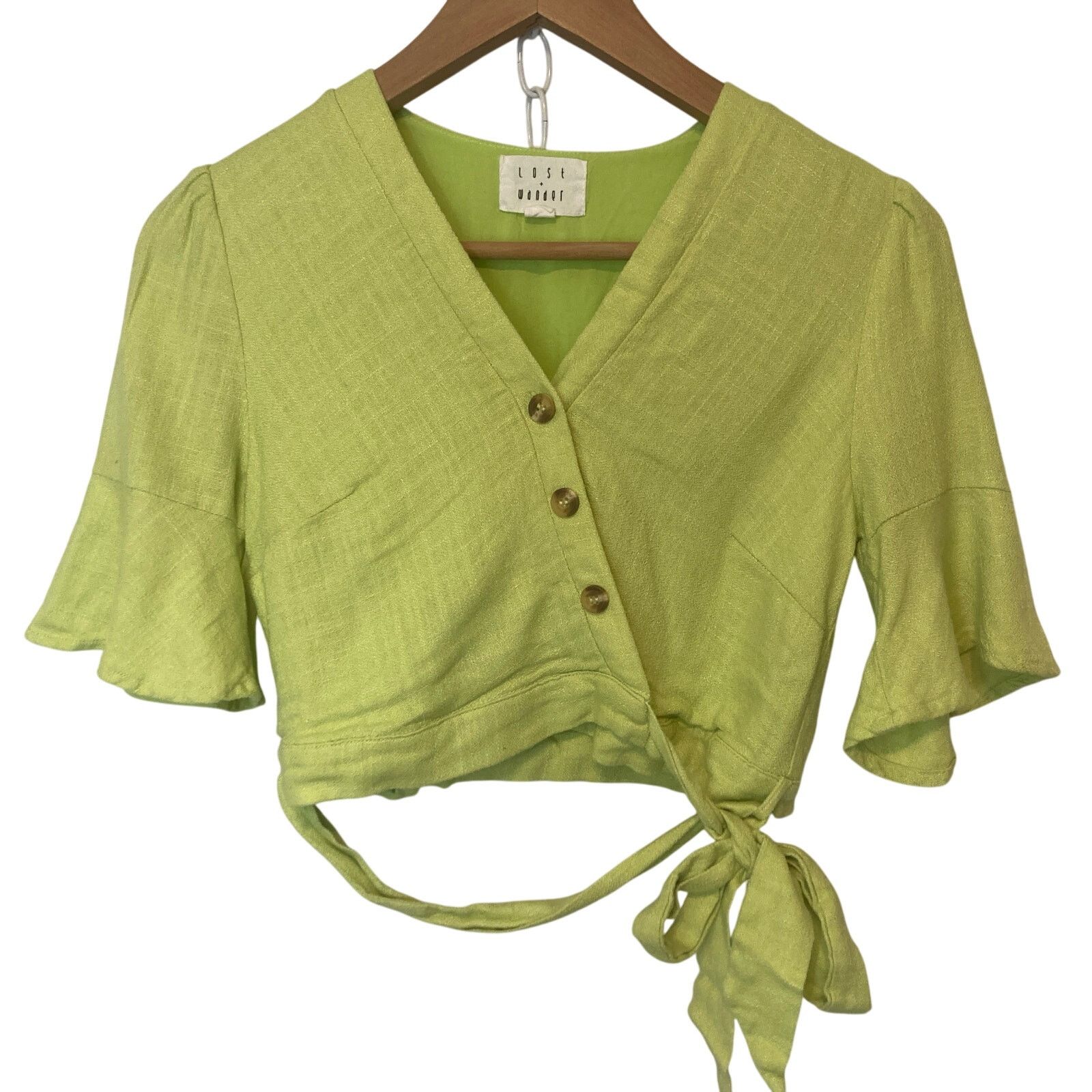 Other Lost and Wander Green Wrap Button Flutter Sleeves Crop Top Size S / US 4 / IT 40 - 1 Thumbnail