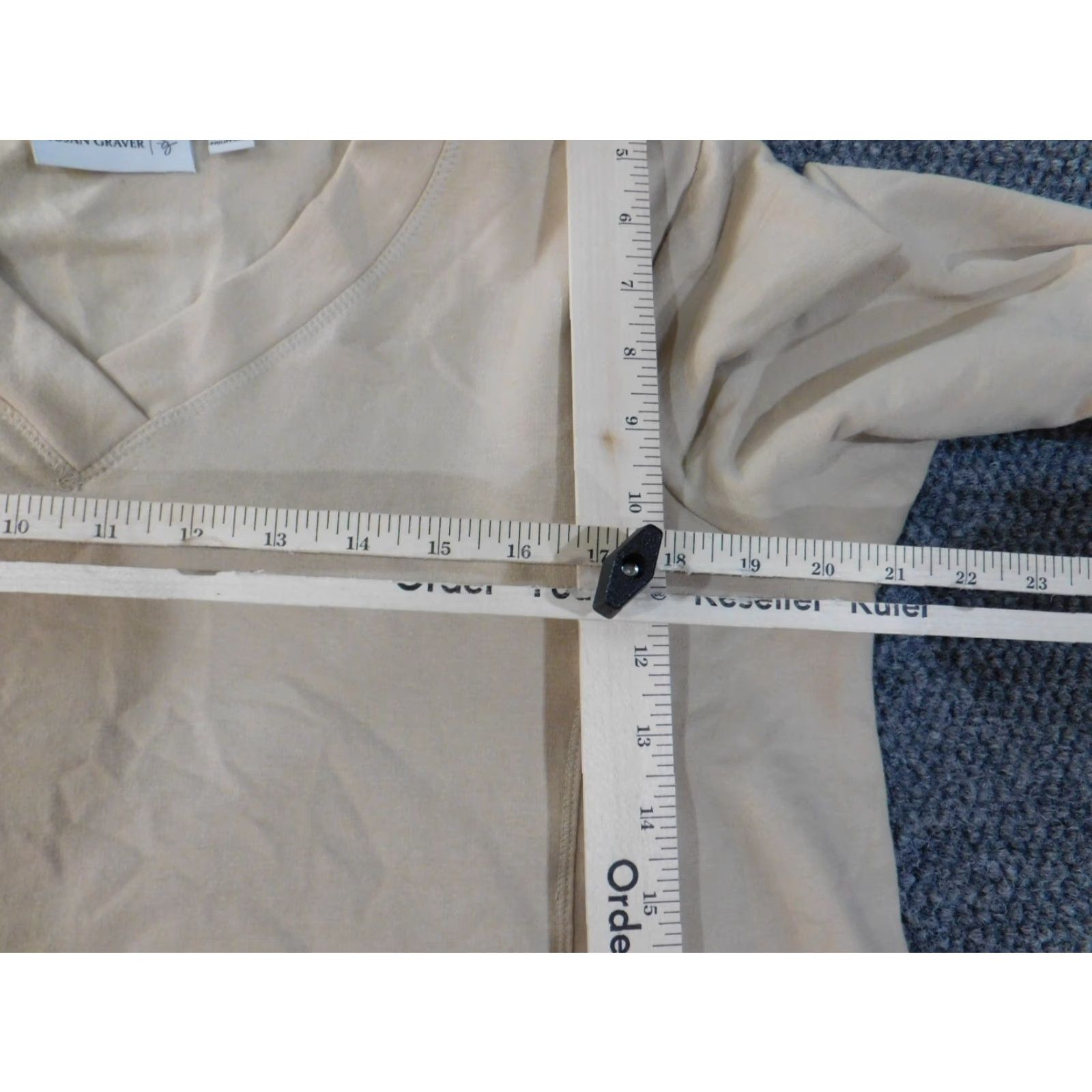 Vintage Susan Graver Blouse Tunic Shirt Womens L Beige Knit Stretch V-Neck Pullover Casual Pockets Cotton Polyester Spandex Knit Short for Spring Summer Size L / US 10 / IT 46 - 7 Thumbnail