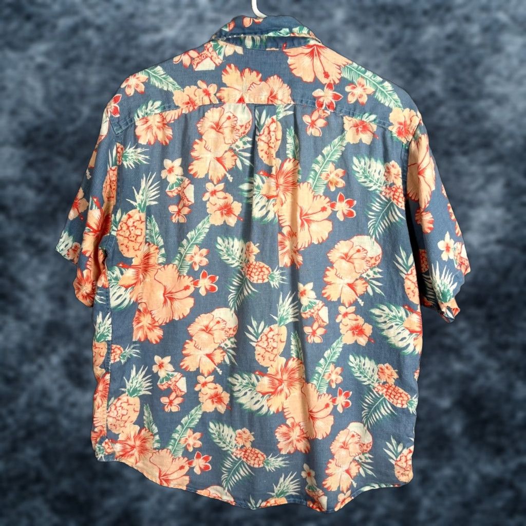 Vintage Saville Row 1982 Mens Large Hawaiian Floral Shirt Blue Linen Button-Up Shirt Size US L / EU 52-54 / 3 - 1 Thumbnail