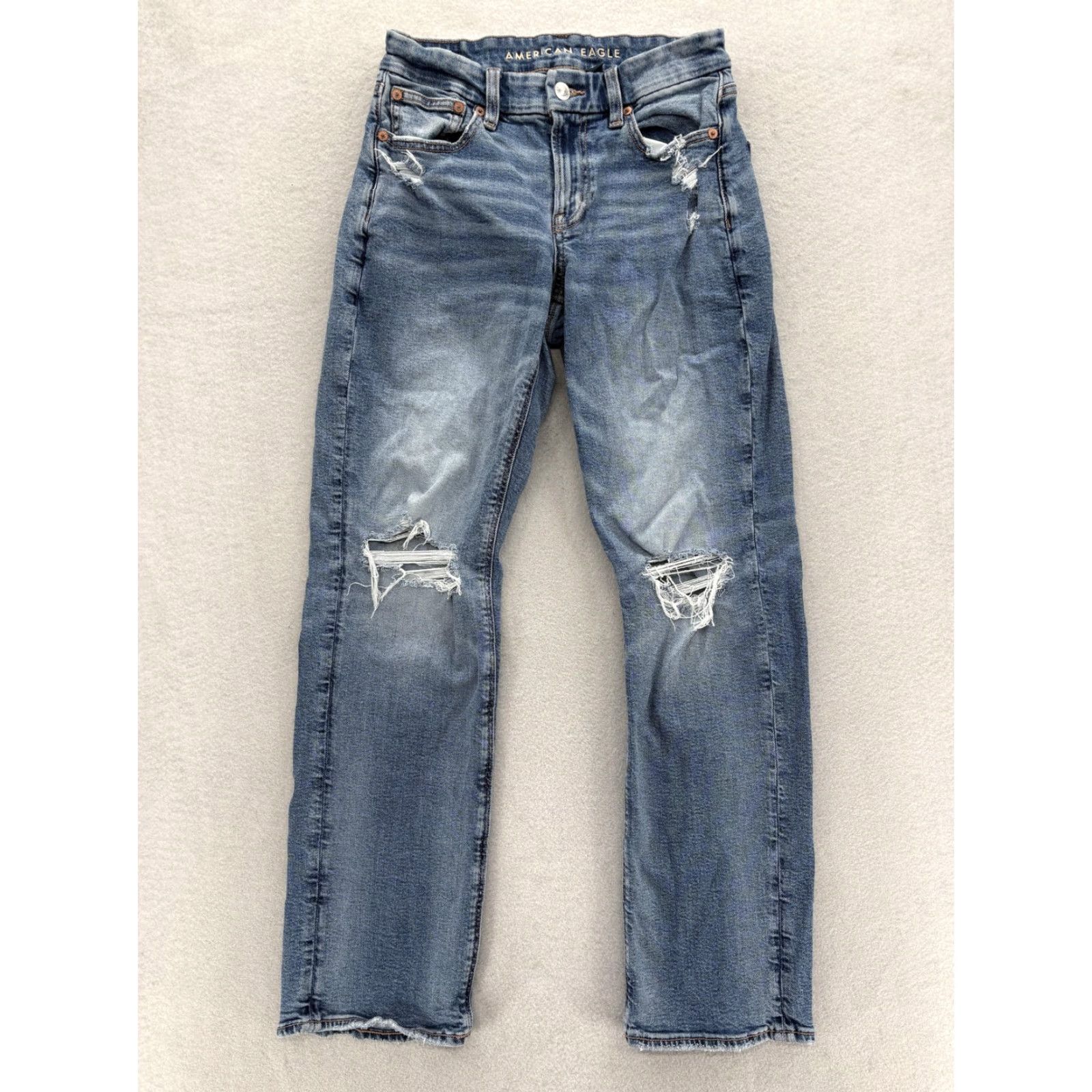 American Eagle Outfitters American Eagle Outfitters Jeans Womens 2 Blue Medium Wash Distressed Stretch Straight 5-Pocket Denim Mid Rise Zip 30in Inseam Size 26" / US 2 / IT 38 - 2 Thumbnail