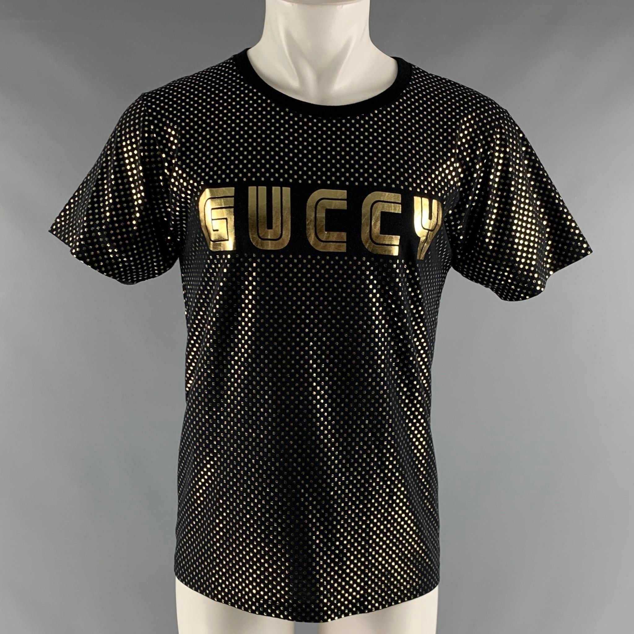 image of Gucci Black Gold Stars Cotton Crewneck Tshirt, Men's (Size XS)