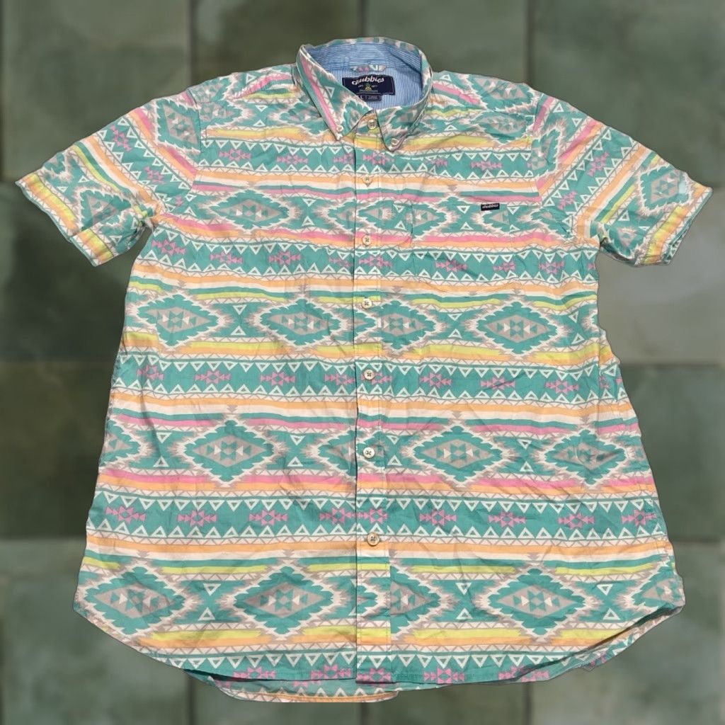 Chubbies Shirt Mens L Hawaiian Aztec Stretch Geometric Pattern Button-Up Short Sleeve Collared Pocket Multicolor Seasonal Casual