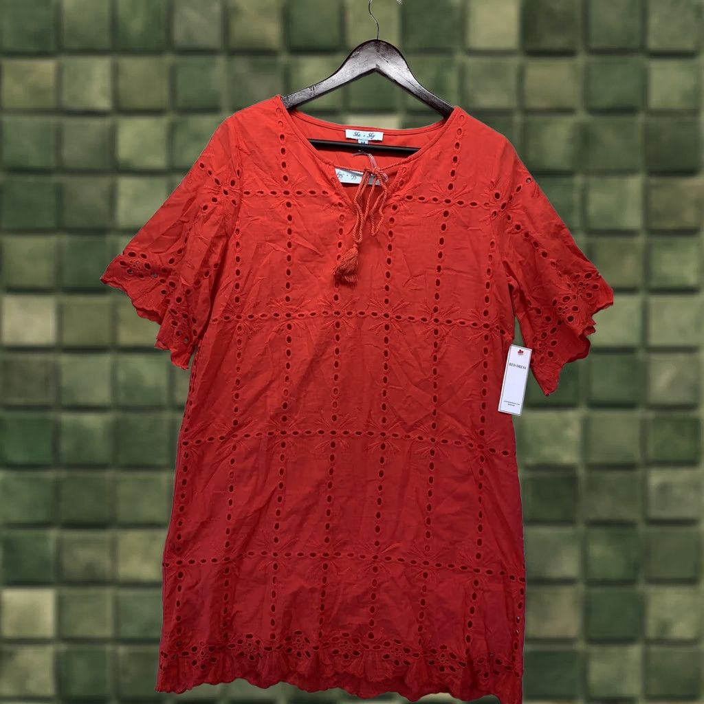 Vintage She + Sky Dress Women RED Eyelet Short Sleeve M NWT-4479 Size 32" / US 10 / IT 46 - 1 Thumbnail