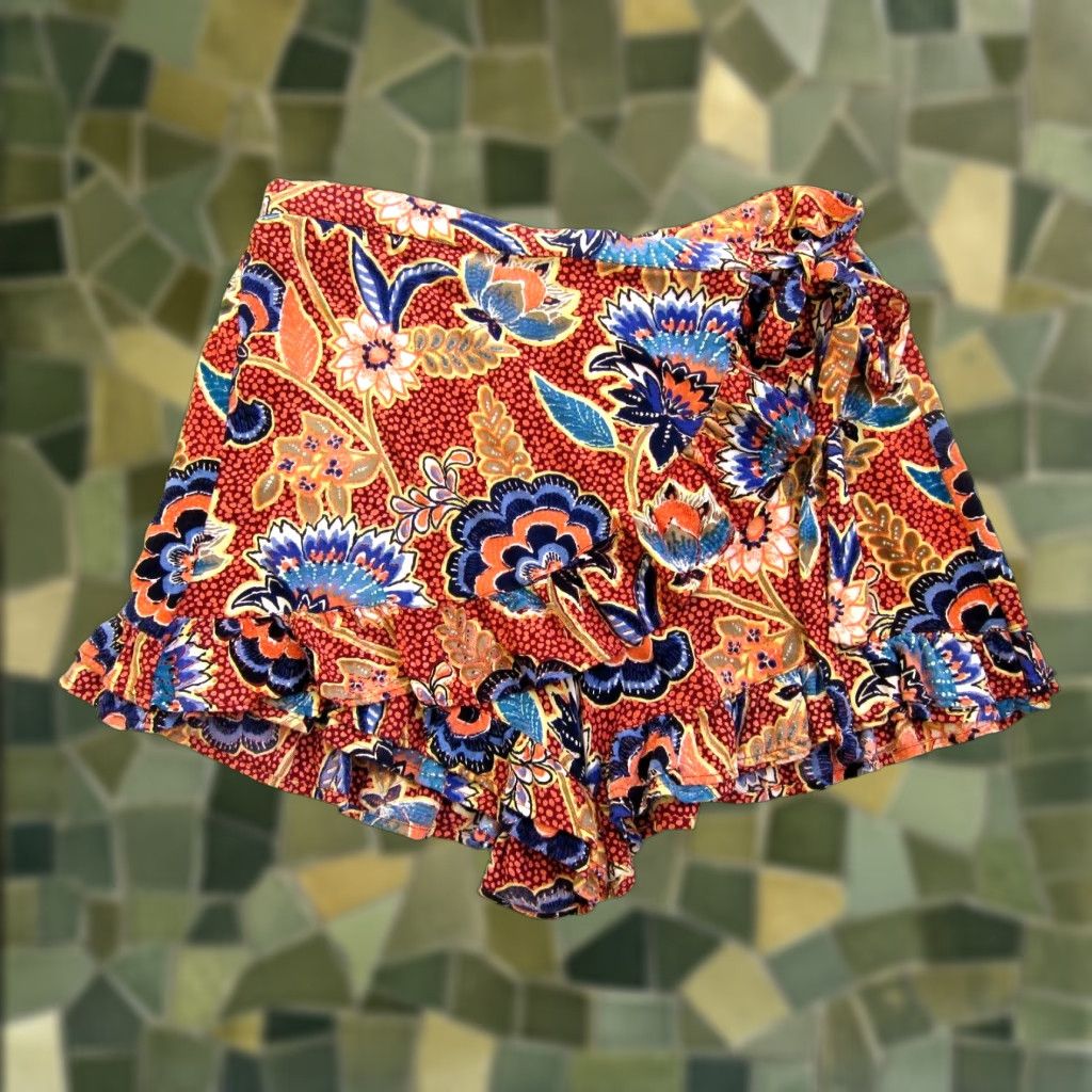 Vintage Angie Women Floral High Rise Ruffle Wrap Shorts 100% Rayon Orange Blue Large Size 36" / US 14 / IT 50 - 1 Thumbnail