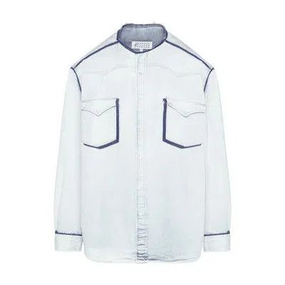 oc11z0925 Collarless Denim Shirt in White/Blue