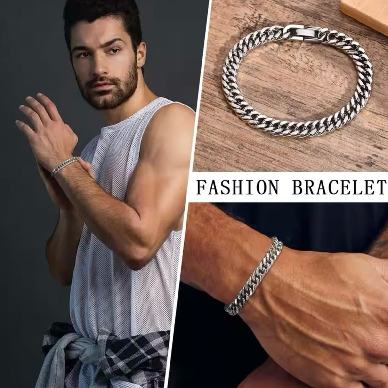 Other Men's Stainless Steel Link Chain Miami Bracelets Male 8.27” Size ONE SIZE - 3 Thumbnail