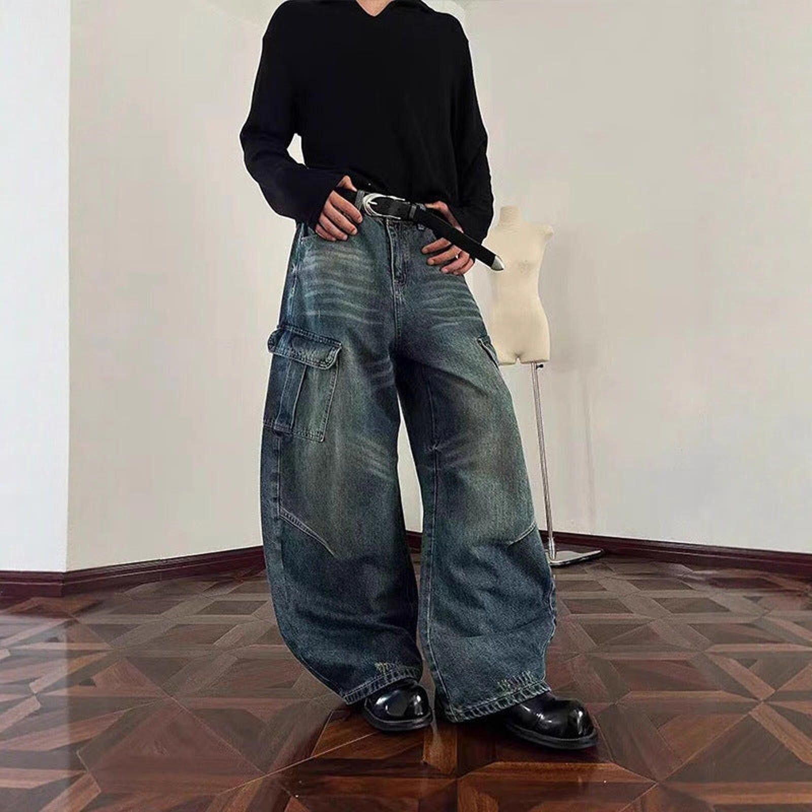 Vintage Wide Leg Cargo Denim Jeans, Baggy Washed Barrel Jeans Size US 32 / EU 48 - 3 Thumbnail